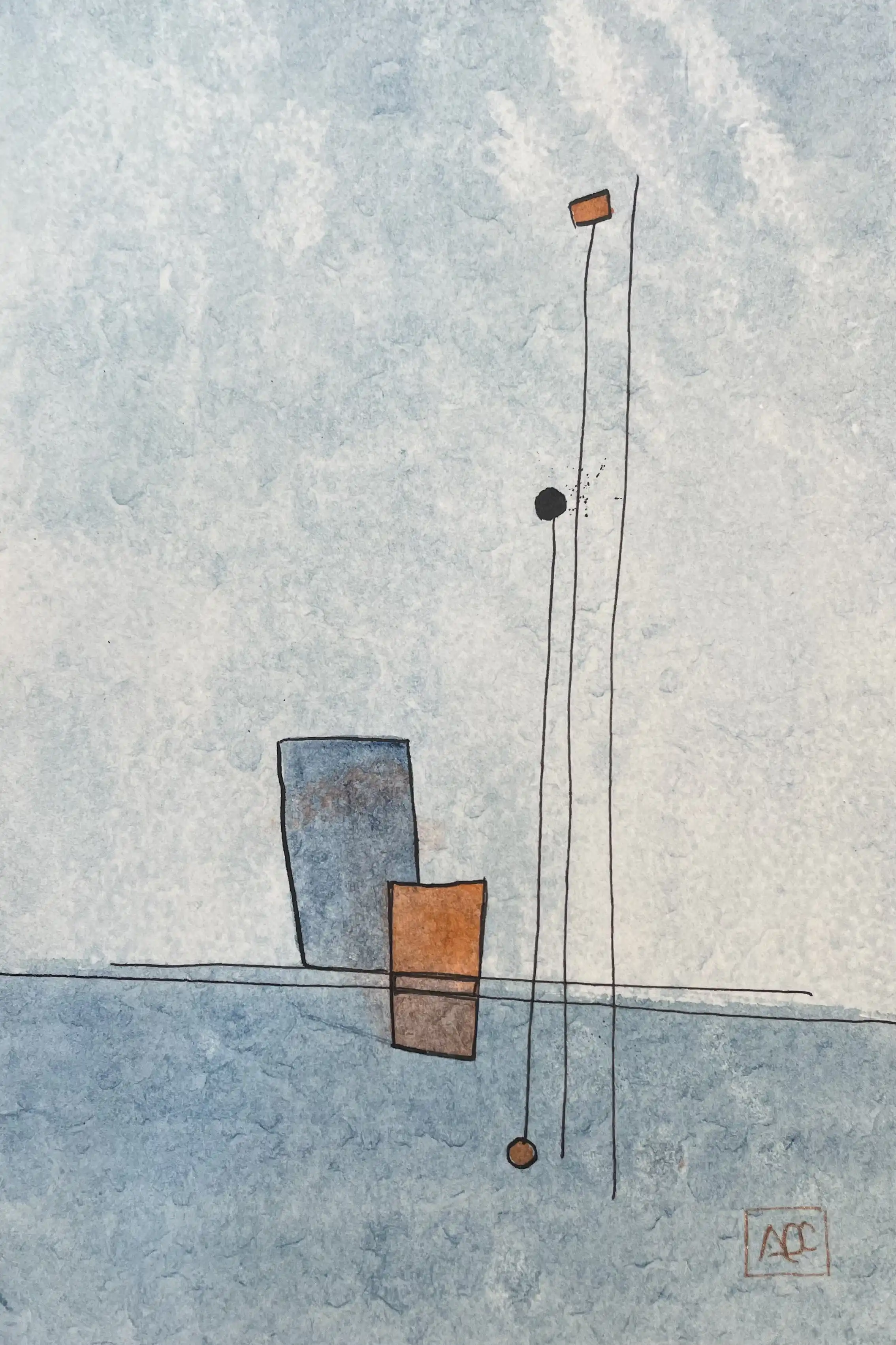 Peinture à l'aquarelle : formes géométriques en gris pâles et bleus avec accents orange, lignes verticales sur ligne de base horizontale