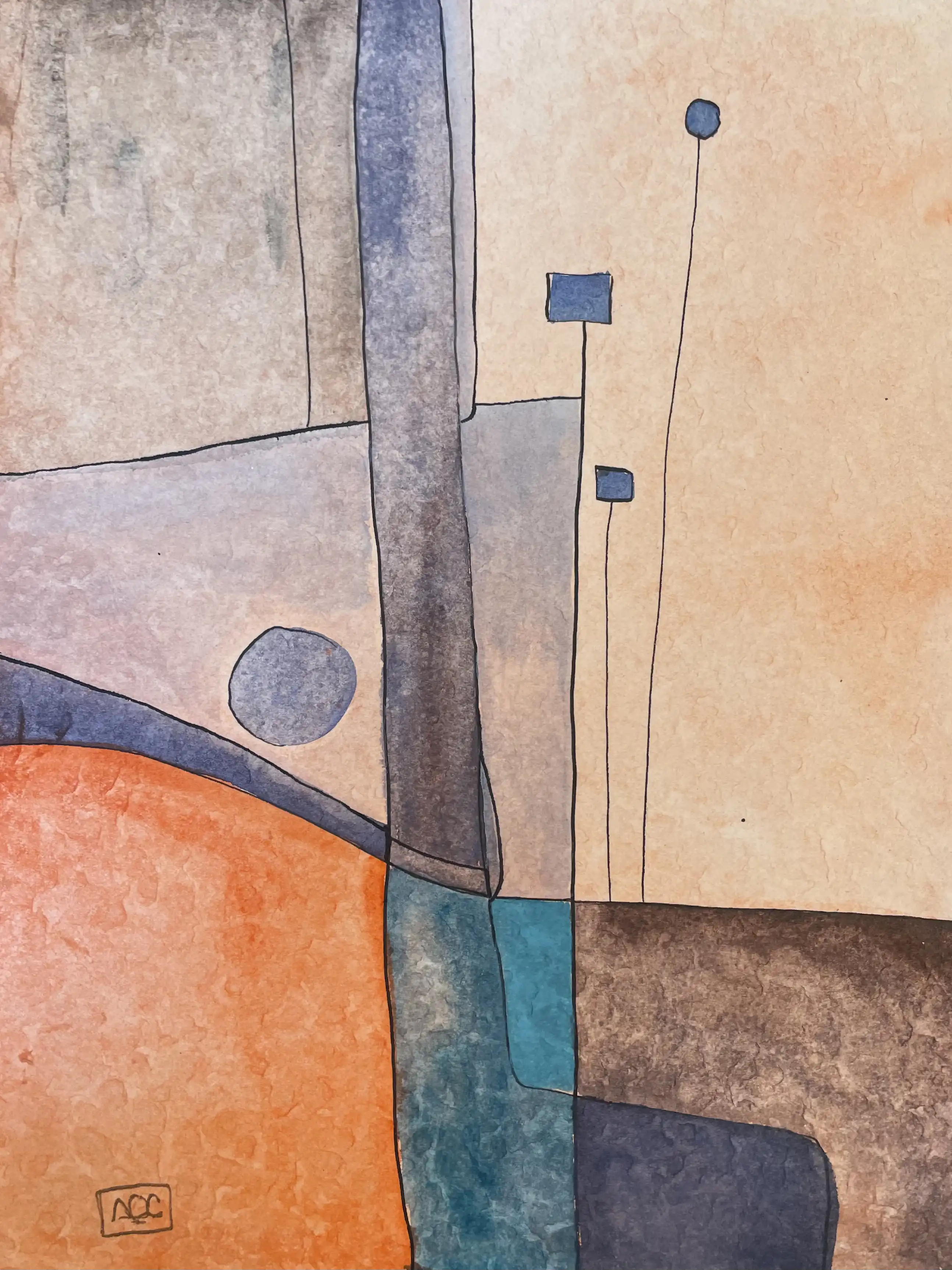 Composition aquarelle avec formes géométriques orange, éléments linéaires gris, et accents bleus en arrangement abstrait