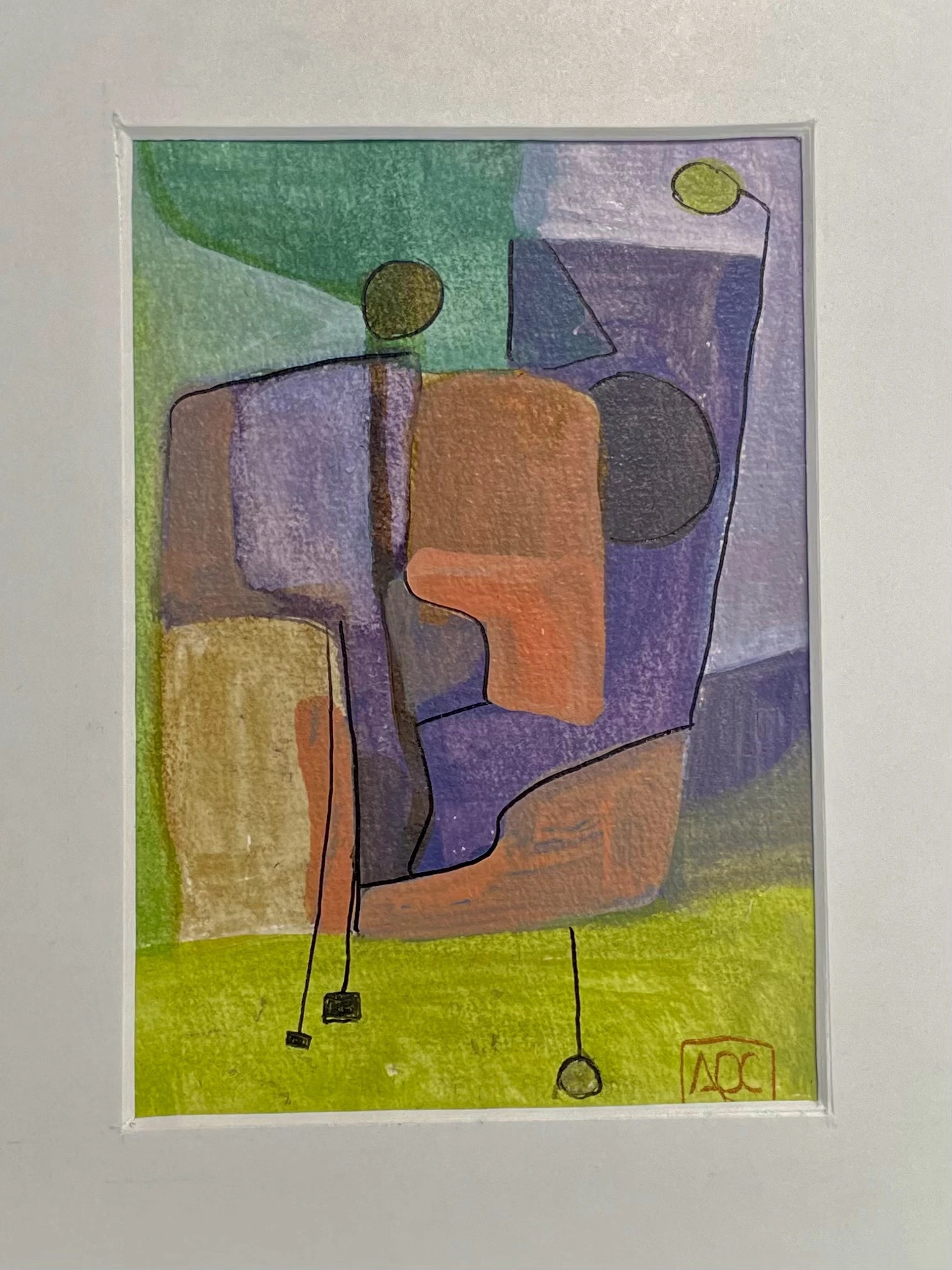 Voyage by Arnaud Quercy at Art Quam Anima — Watercolor Painting on Paper, Abstract watercolor with gray background, orange and purple geometric forms, and yellow-green accents in vertical composition
