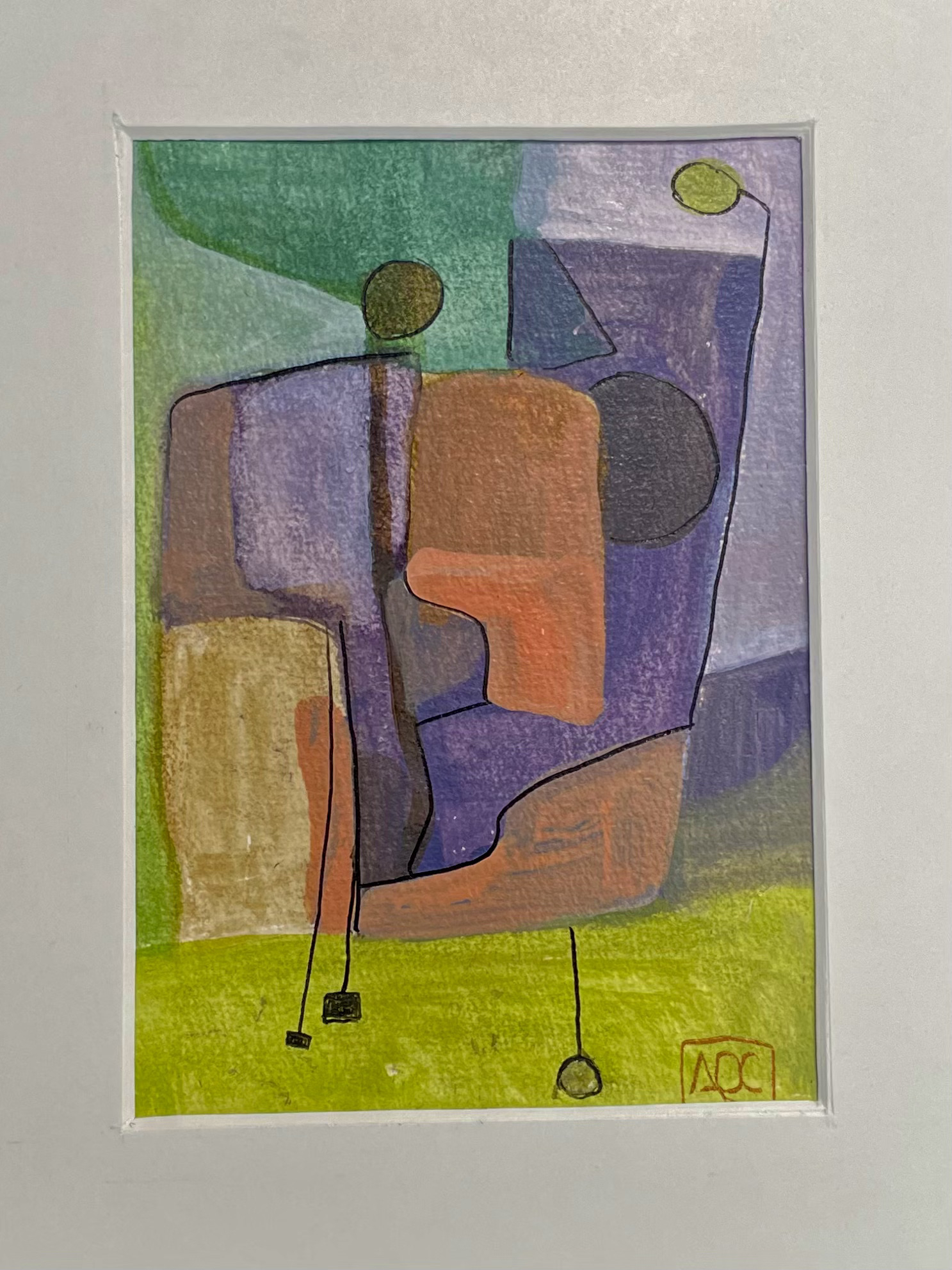 Aquarelle abstraite avec fond gris, formes géométriques orange et violettes, et accents jaune-vert dans une composition verticale