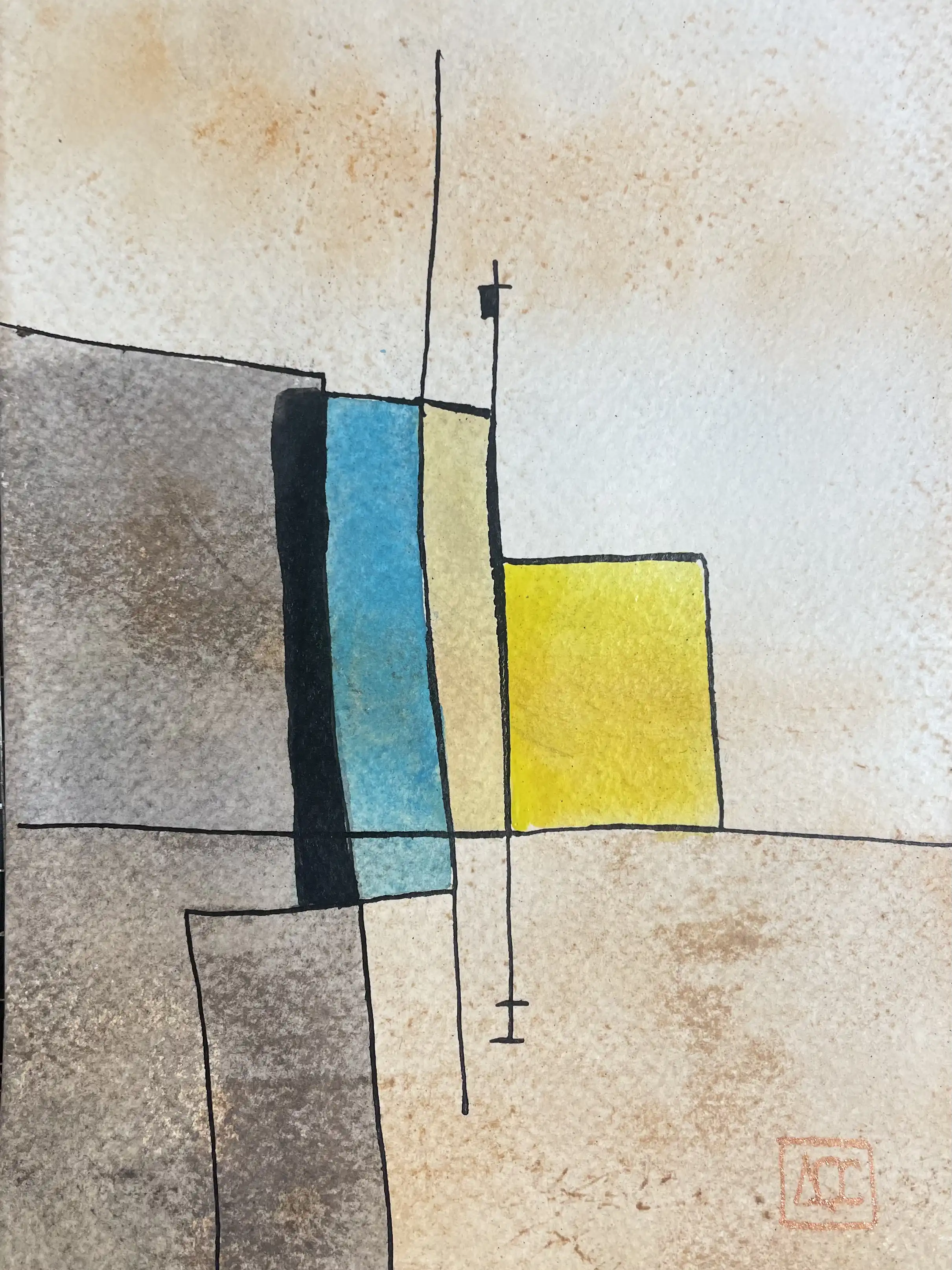 Peinture aquarelle avec formes géométriques jaune-orange et accents bleu-vert arrangés en composition verticale avec éléments linéaires noirs