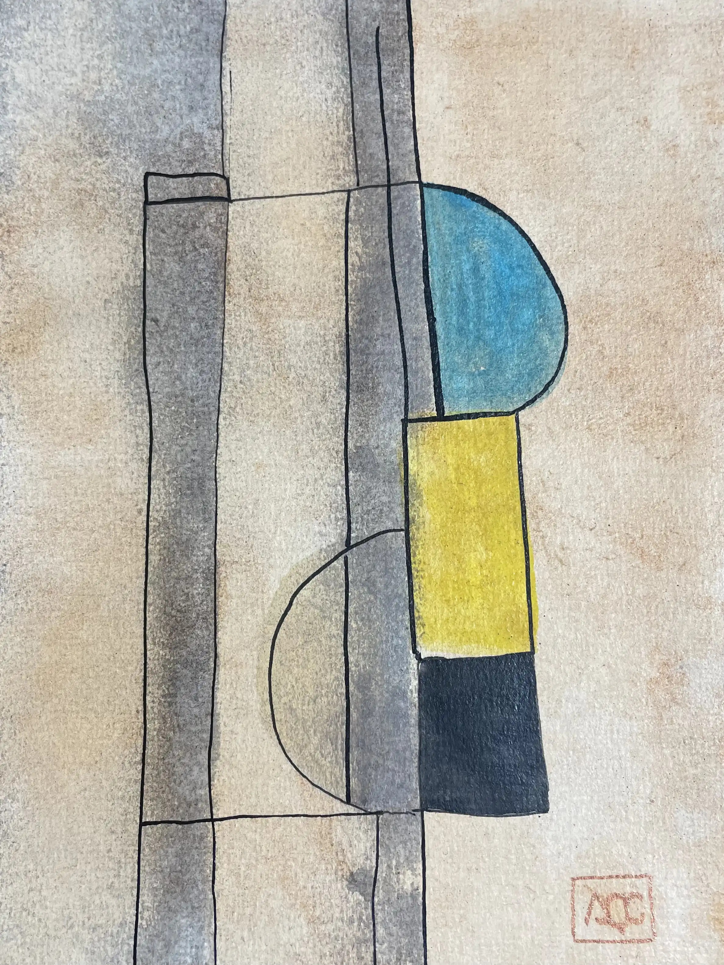 La Majeur - Variation 7 par Arnaud Quercy chez Art Quam Anima — aquarelle sur papier, Peinture à l'aquarelle avec formes géométriques jaune-orange et accents bleu-vert arrangés en composition verticale