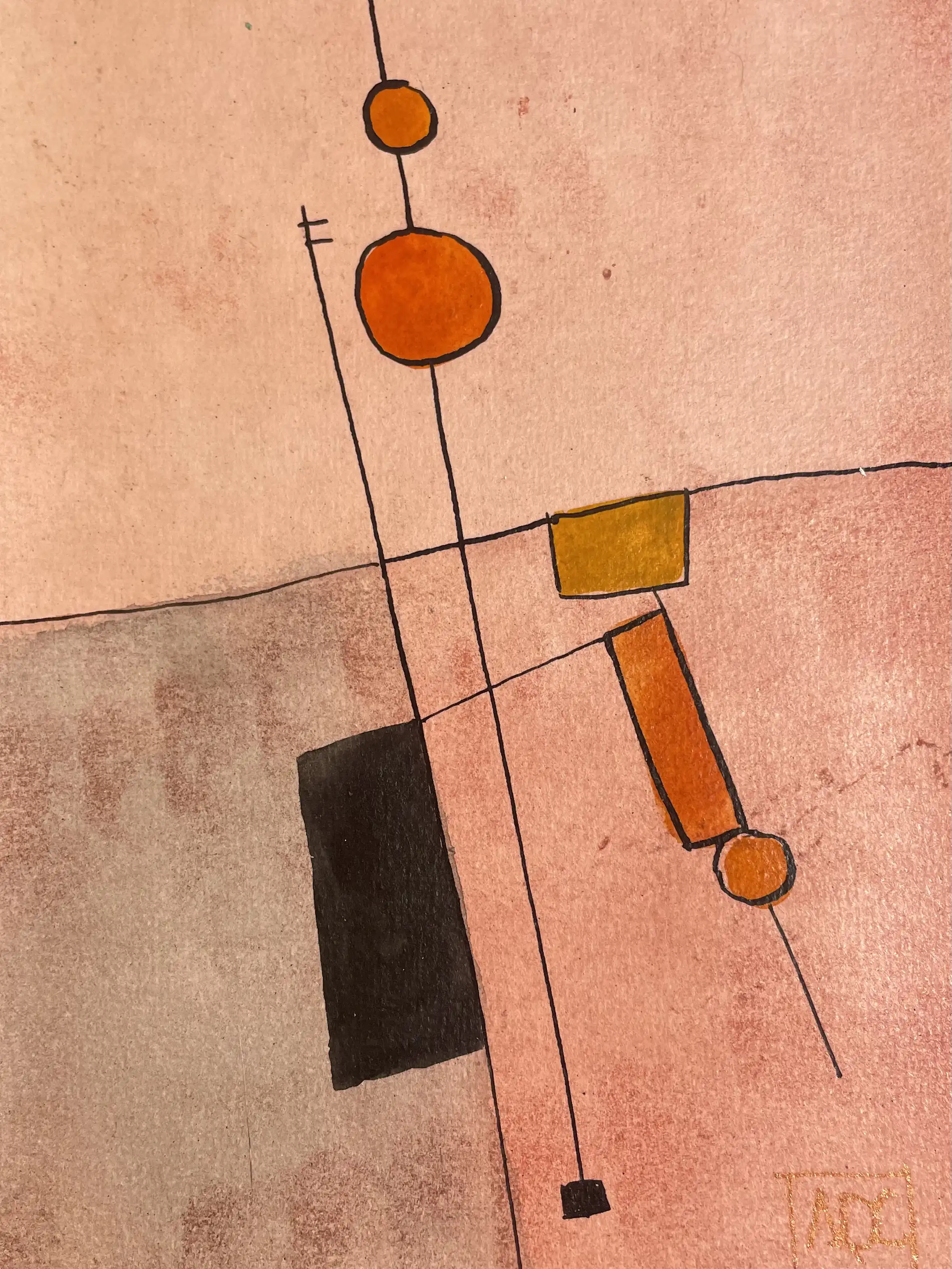 Aquarelle avec formes géométriques orange : cercles, rectangles arrangés sur lignes verticales avec accents noirs
