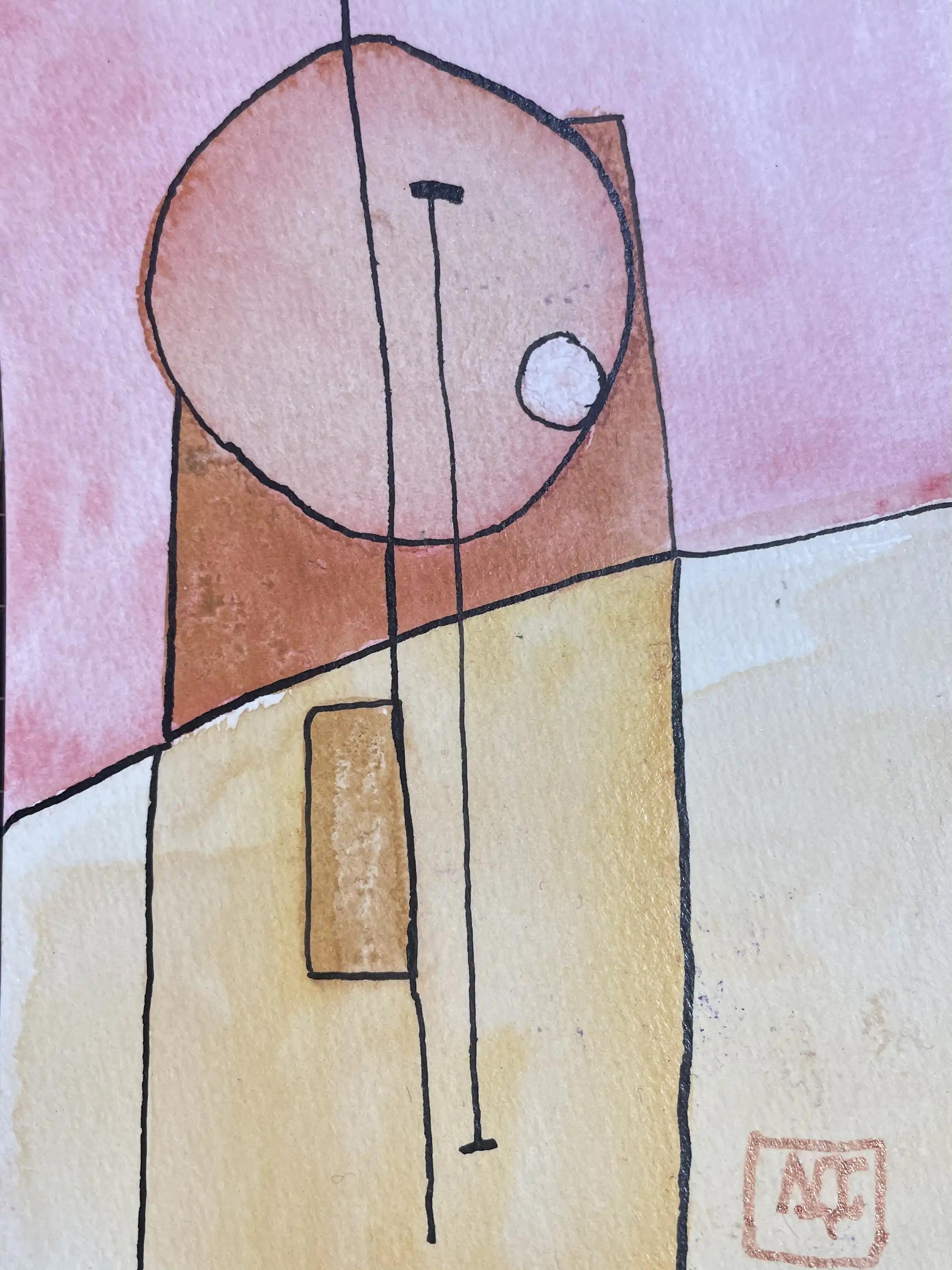 Aquarelle avec sol orange-jaune chaud, passages violets, formes géométriques et ligne noire verticale sur papier