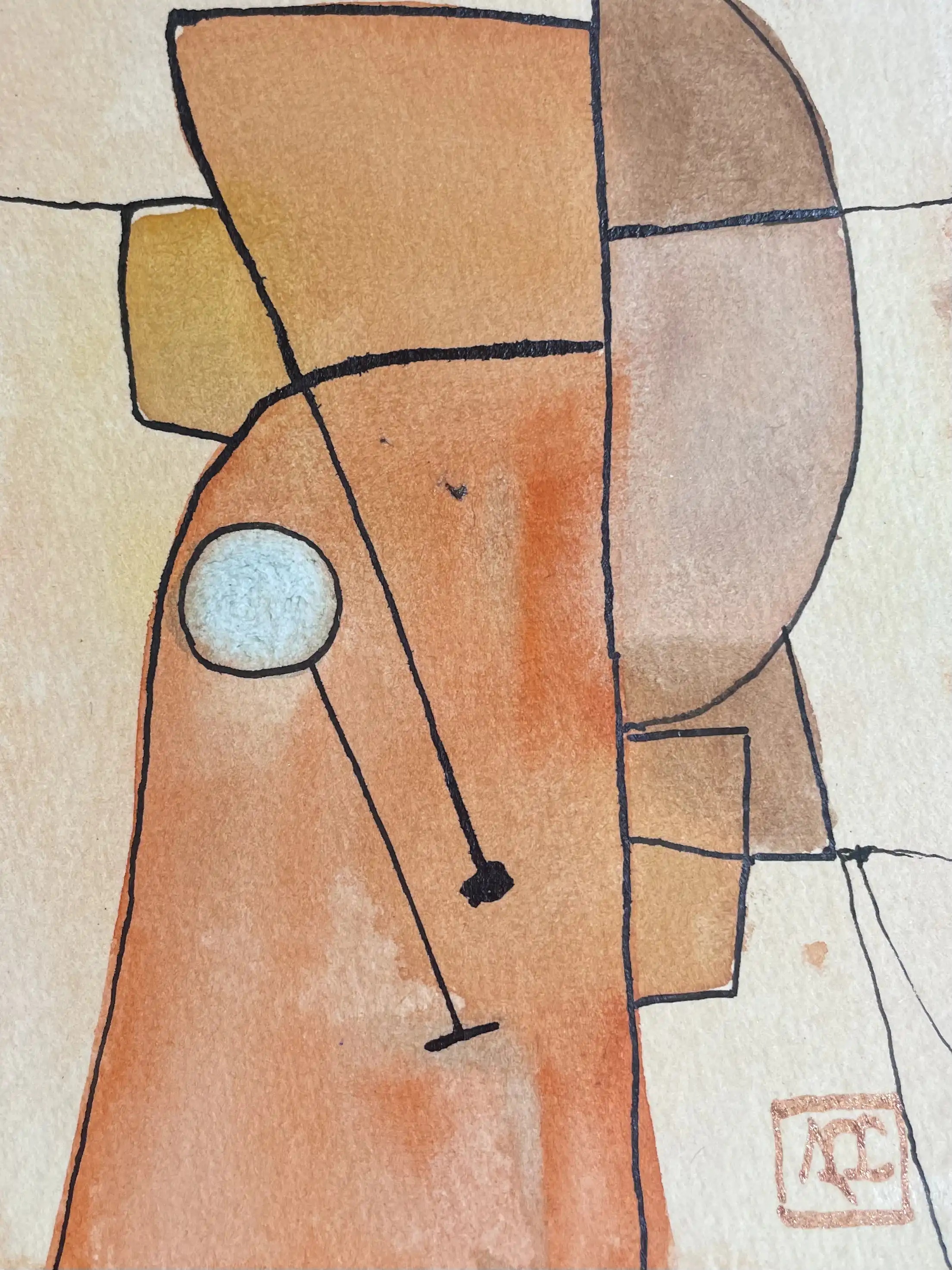 La Mineur - Variation 9 par Arnaud Quercy chez Art Quam Anima — aquarelle sur papier, Peinture aquarelle avec formes géométriques orange, blanches et bleues arrangées en composition abstraite avec transitions de couleur fluides