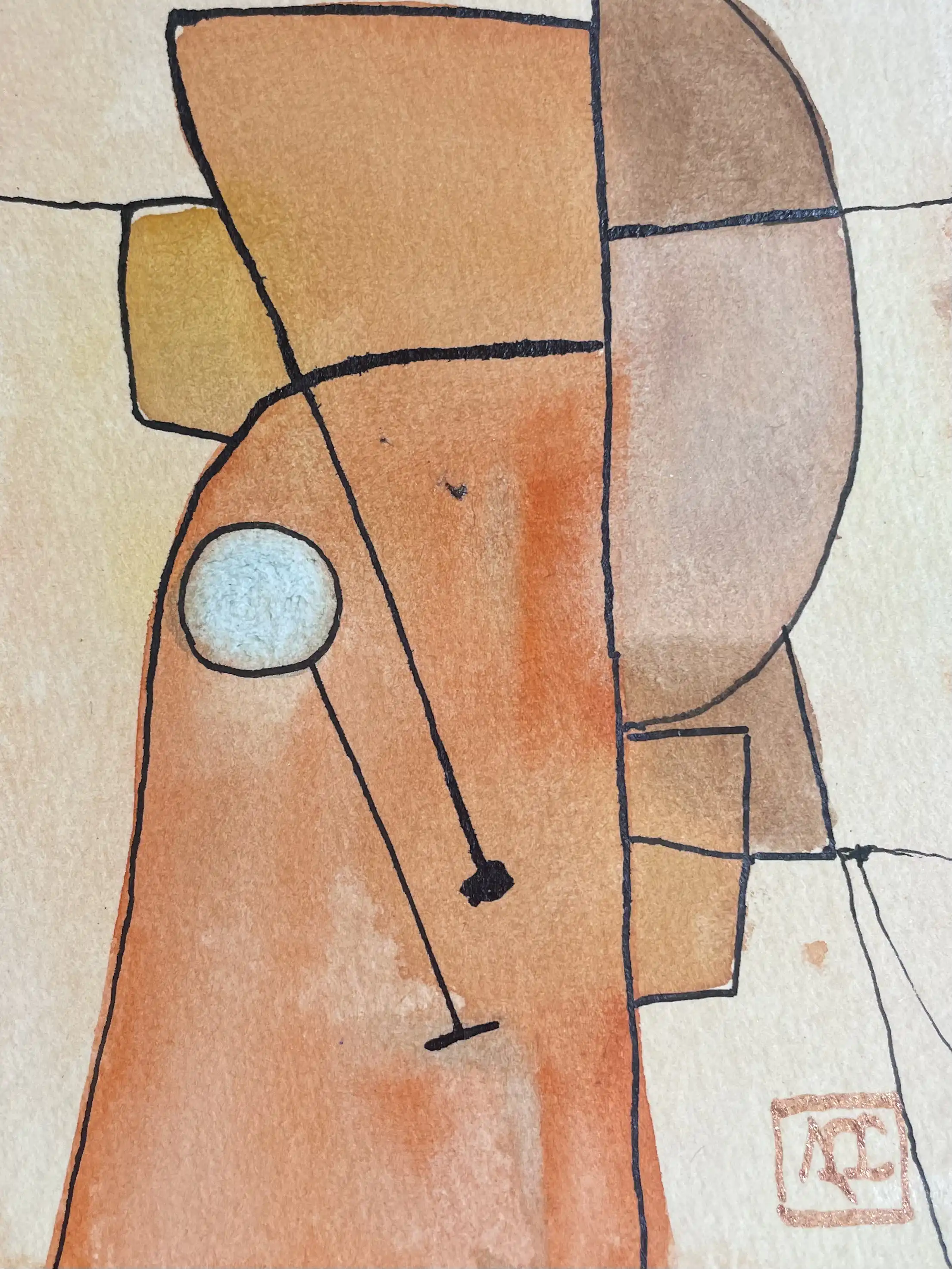 Peinture aquarelle avec formes géométriques orange, blanches et bleues arrangées en composition abstraite avec transitions de couleur fluides