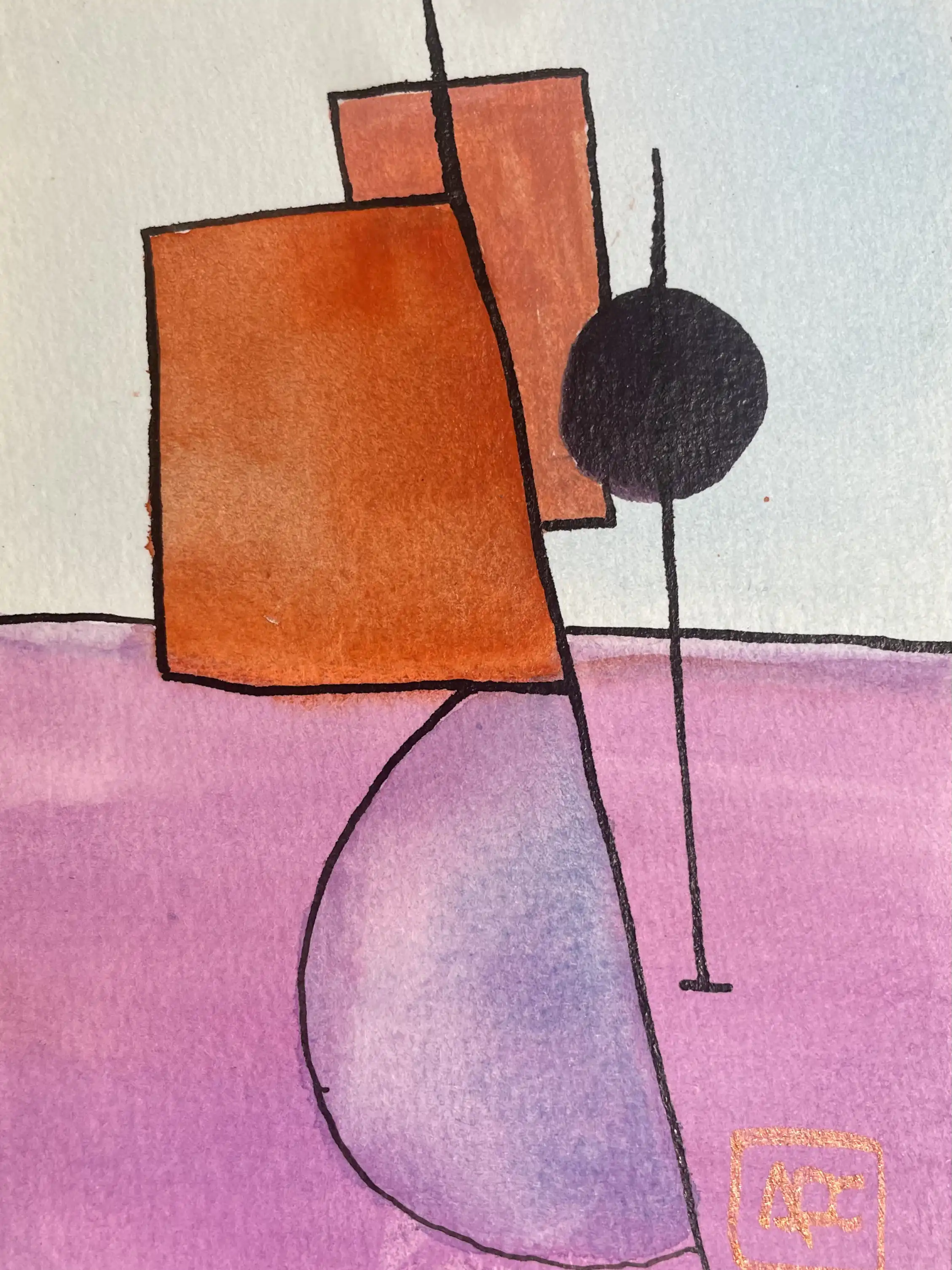 Aquarelle géométrique avec rectangles rouge-violet, formes orange, cercle noir, et fond blanc en format compact