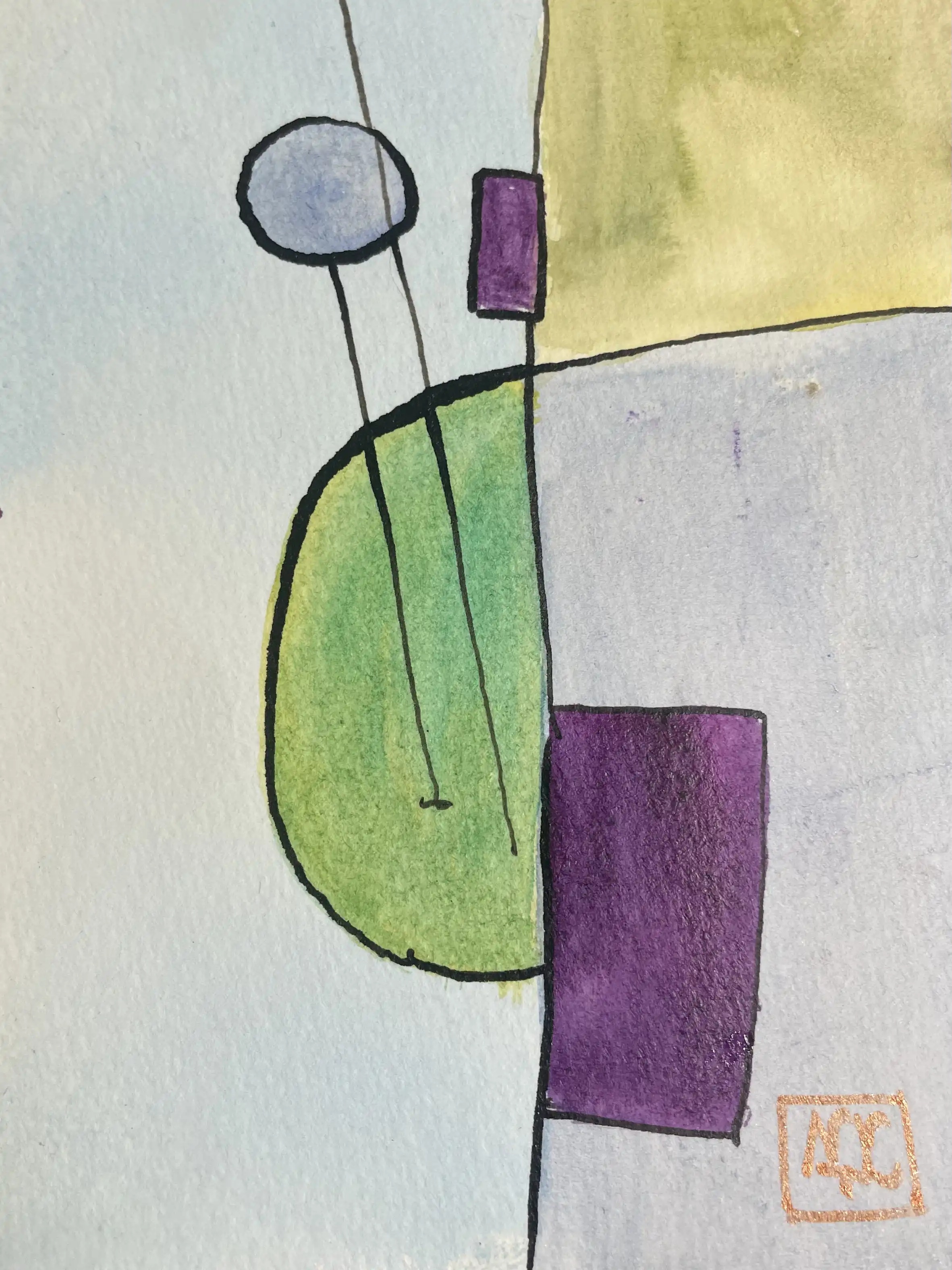 La bémol Mineur - Variation 6 par Arnaud Quercy chez Art Quam Anima — aquarelle sur papier, Étude aquarelle : formes géométriques en gris clair, jaune-vert, et violet avec éléments linéaires créant une structure musicale