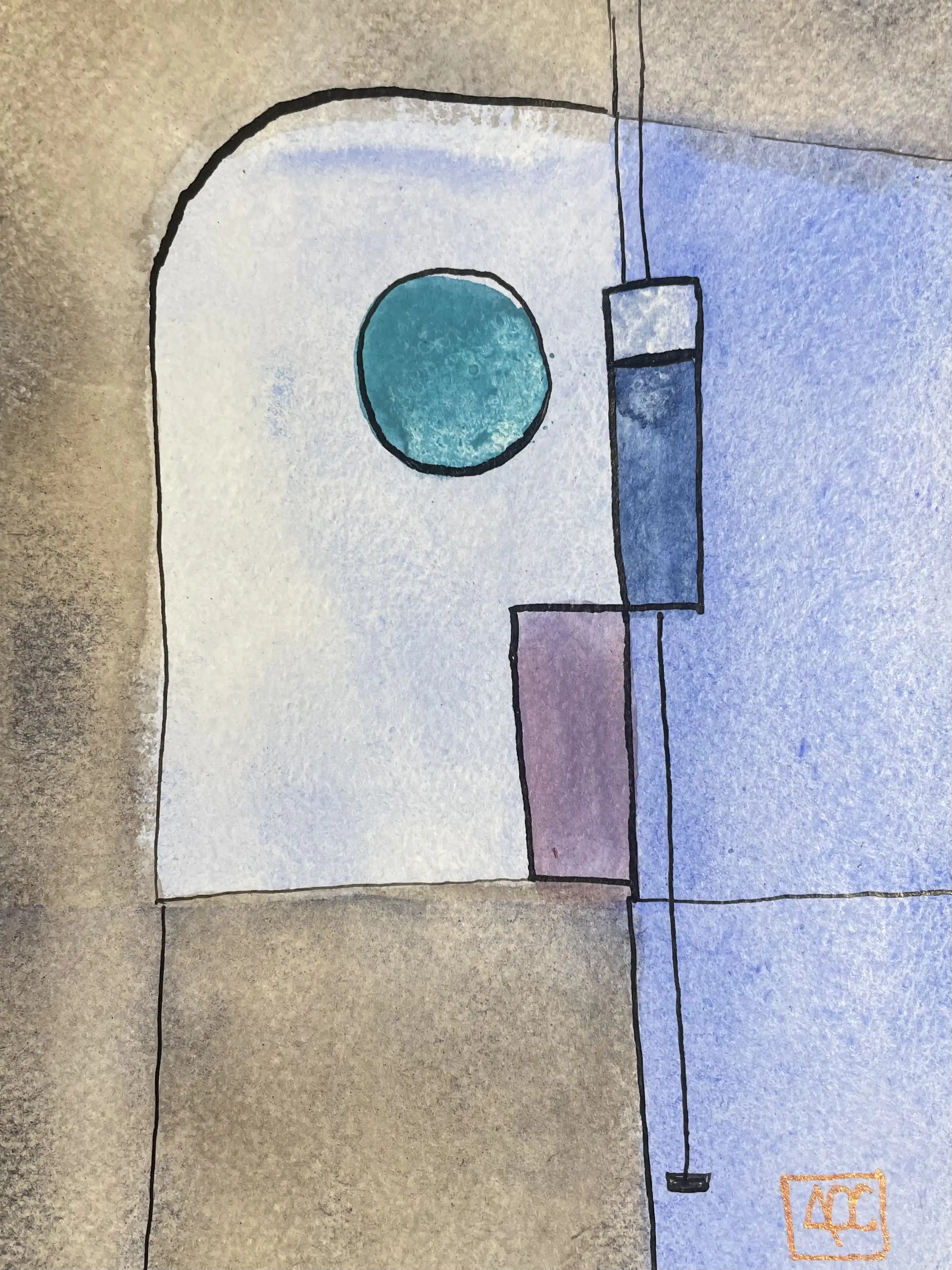 La bémol Octaves - Réflexions 31 par Arnaud Quercy chez Art Quam Anima — aquarelle sur papier, Aquarelle avec des formes géométriques bleu-violet et jaune-orange, cercle turquoise, et divisions linéaires noires
