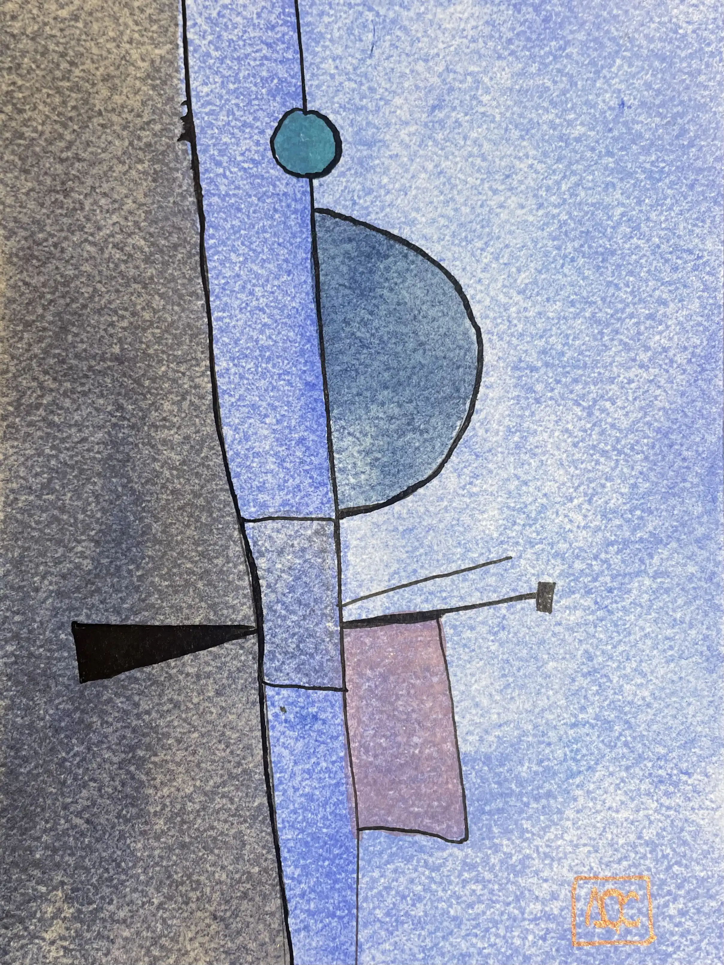 Aquarelle avec formes géométriques bleu-violet, ancrages gris, et accents orange en composition verticale