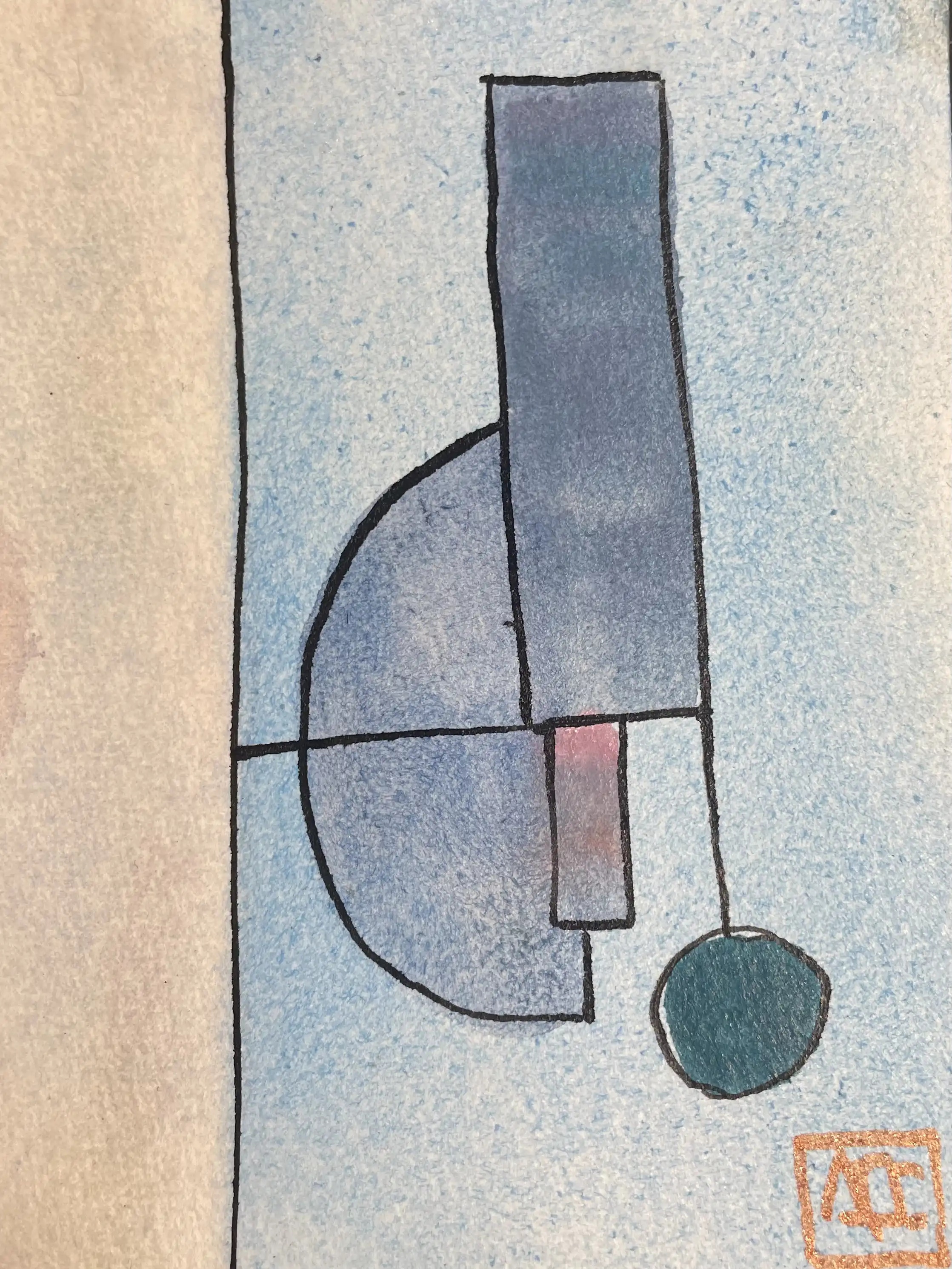 La bémol Octaves - Réflexions 33 par Arnaud Quercy chez Art Quam Anima — aquarelle sur papier, Aquarelle géométrique avec formes bleu-violet, accents orange, et limites linéaires sur fond clair