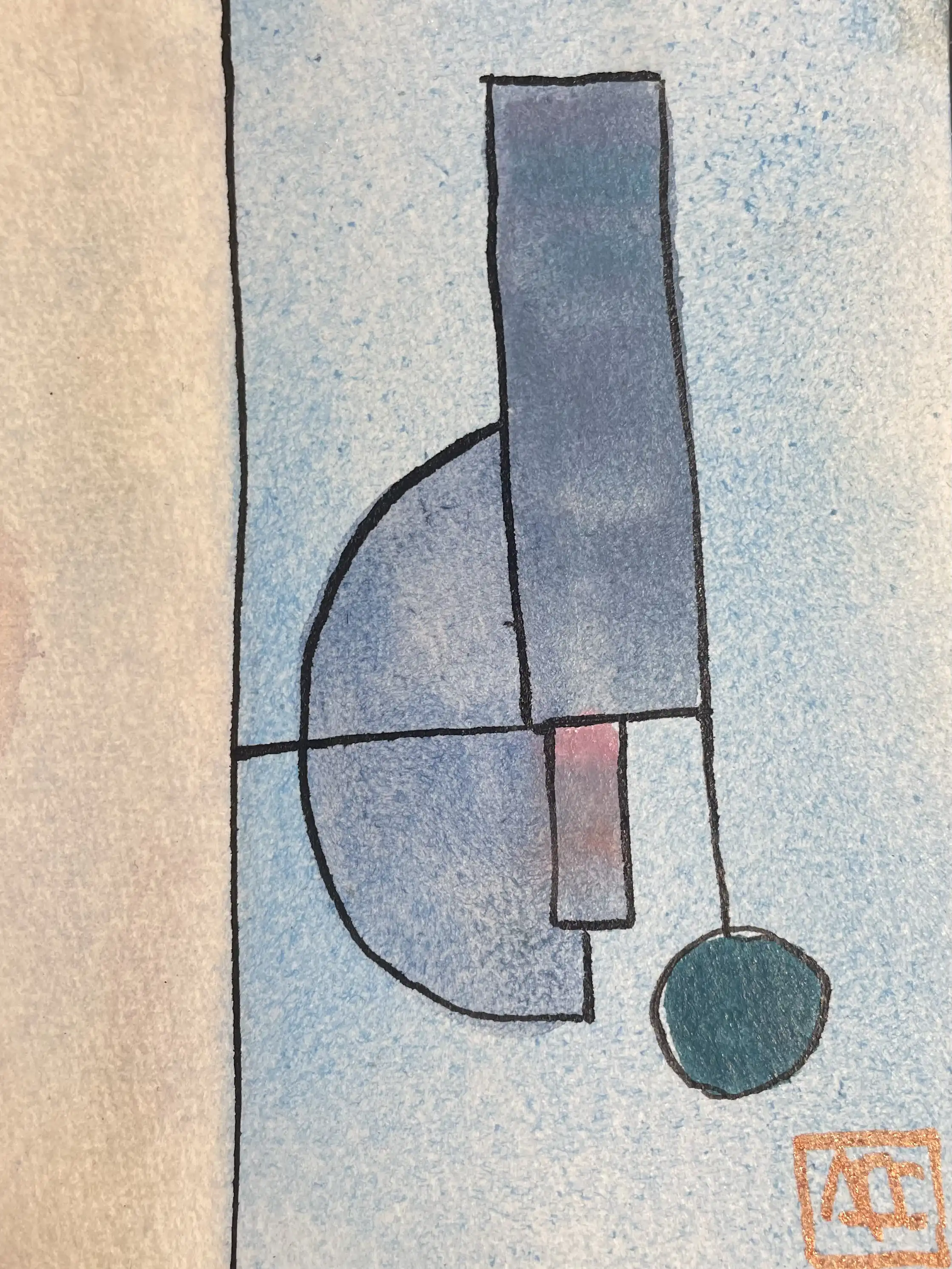 Aquarelle géométrique avec formes bleu-violet, accents orange, et limites linéaires sur fond clair