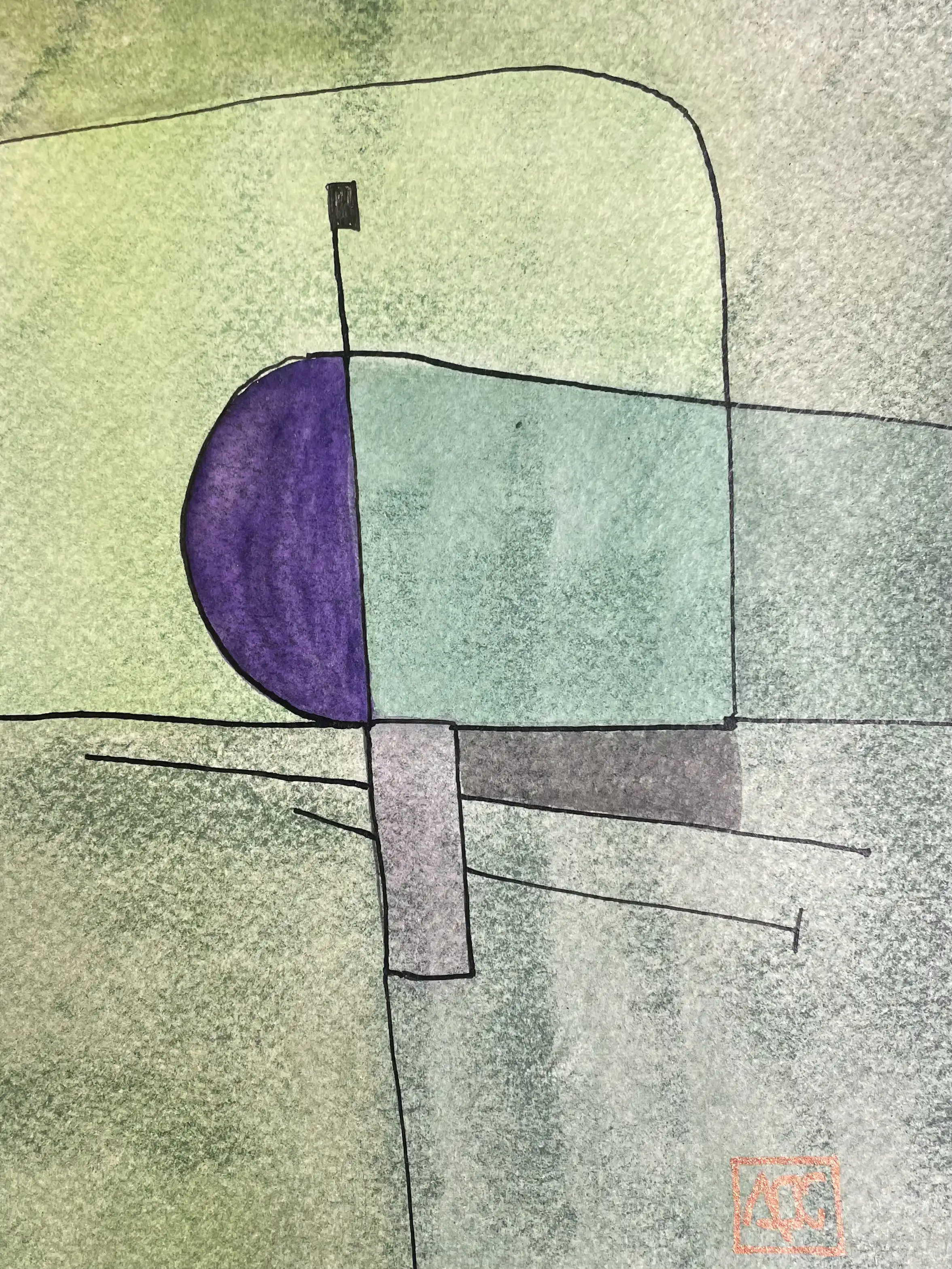 Watercolor painting with yellow-green geometric forms, violet accent, and linear black elements on paper