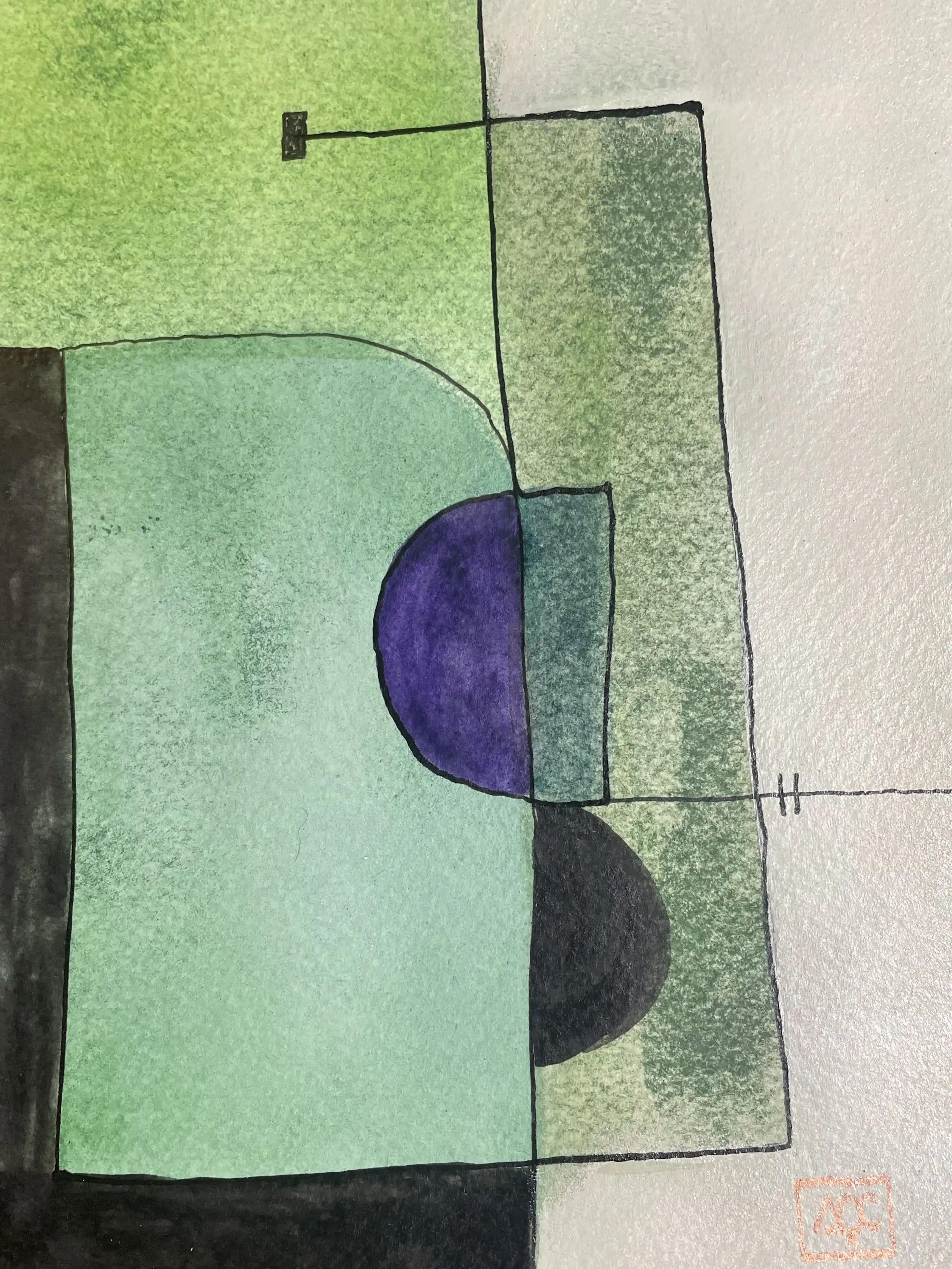 B Major - Variation 6 by Arnaud Quercy at Art Quam Anima — Watercolor Painting on Paper, Watercolor painting with yellow-green geometric forms, warm yellow areas, and small orange accents in abstract composition
