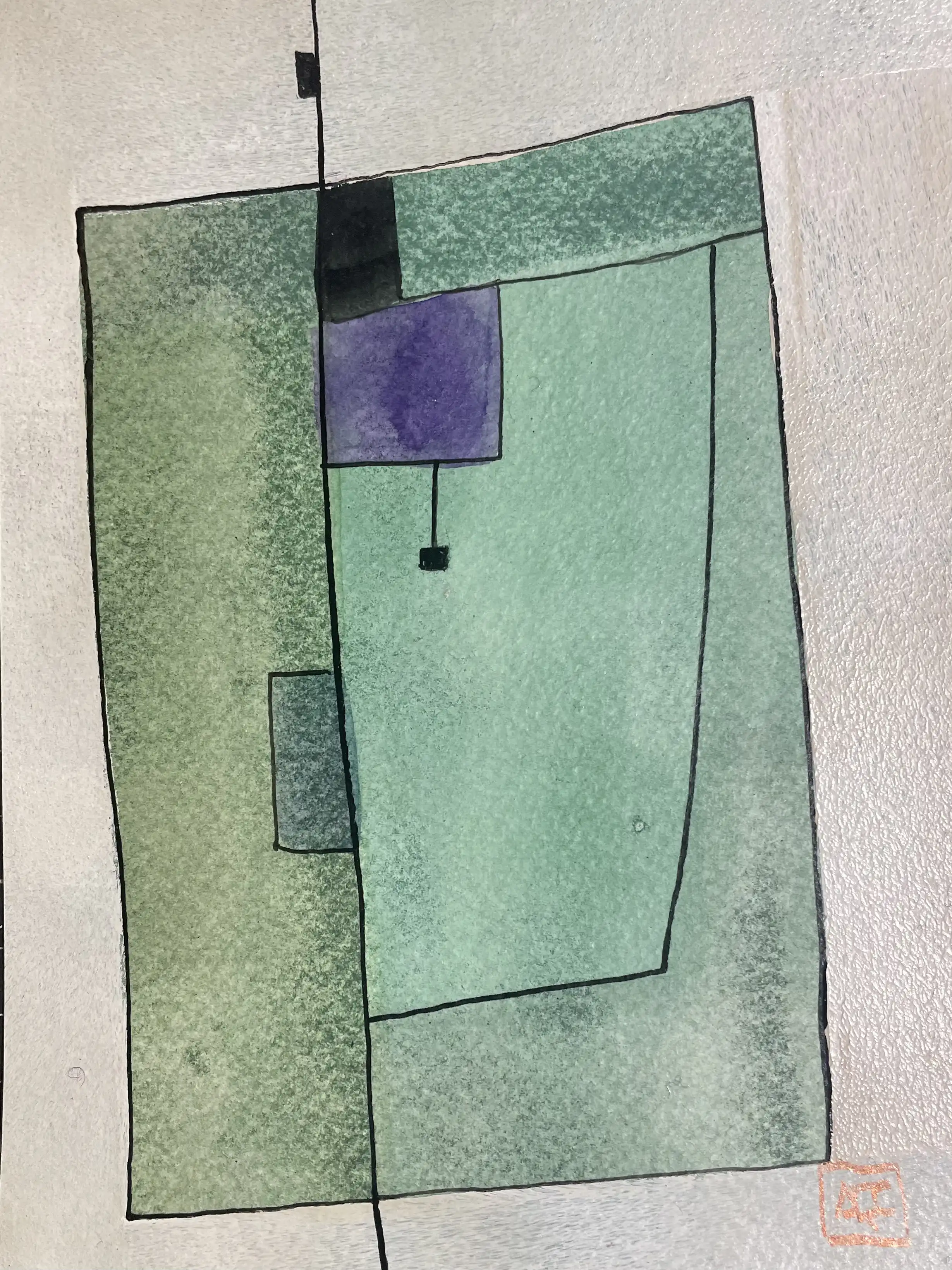 Watercolor painting: yellow-green geometric forms with violet square accent, silver areas, warm orange touches