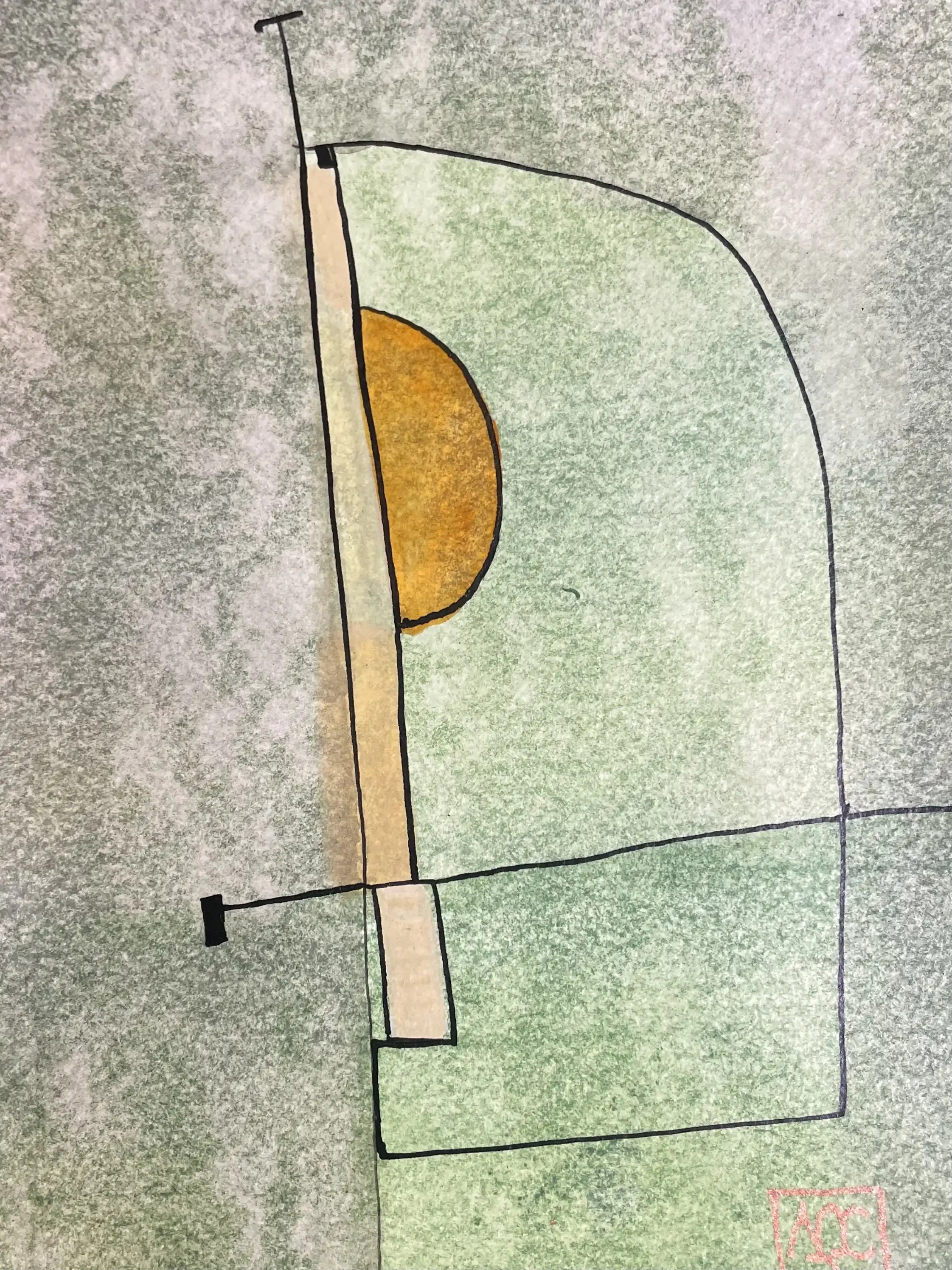 B Minor - Variation 5 by Arnaud Quercy at Art Quam Anima — Watercolor Painting on Paper, Watercolor painting with yellow-green geometric forms and orange accent, translating B minor chord into visual composition