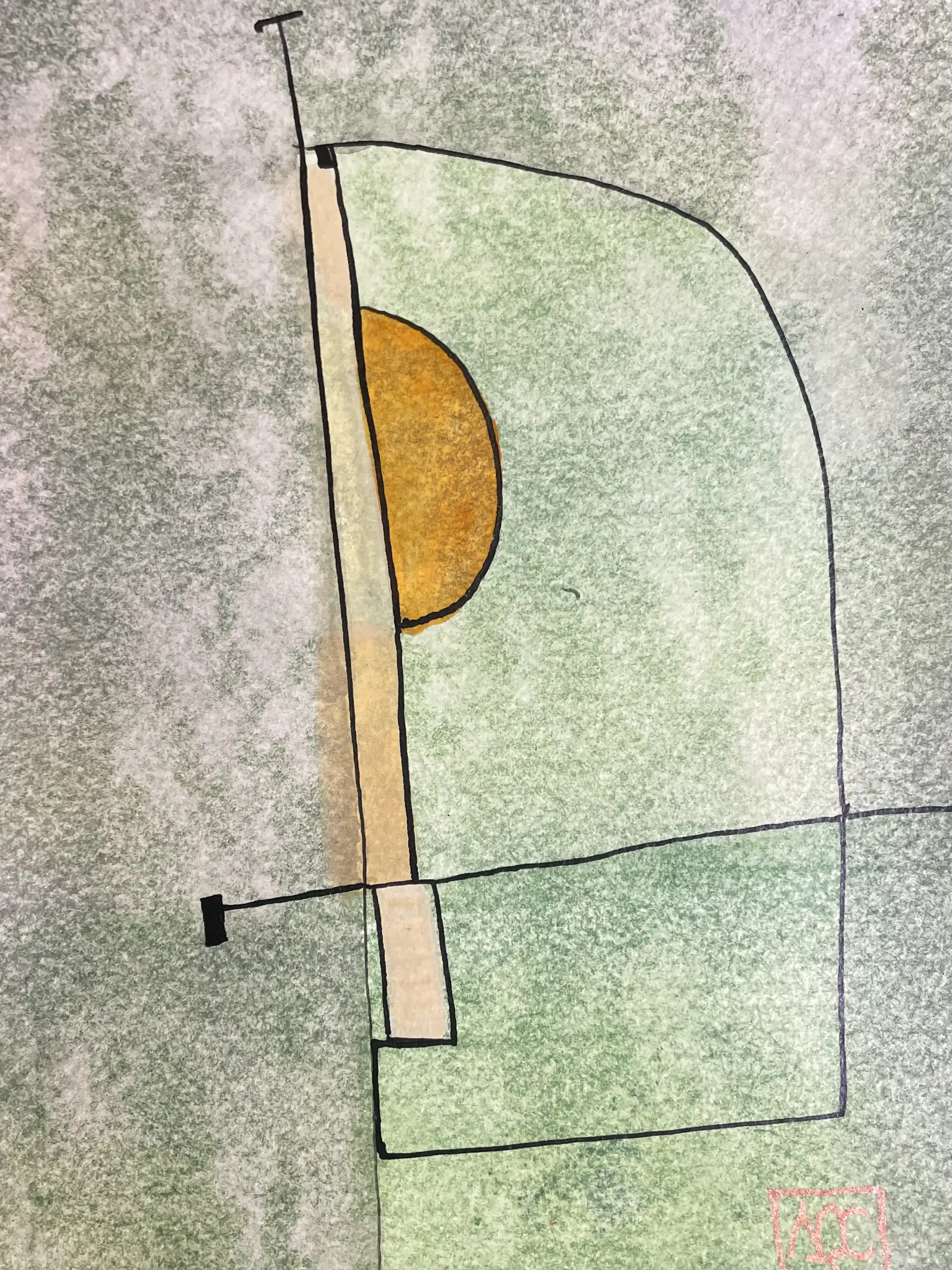 Watercolor painting with yellow-green geometric forms and orange accent, translating B minor chord into visual composition