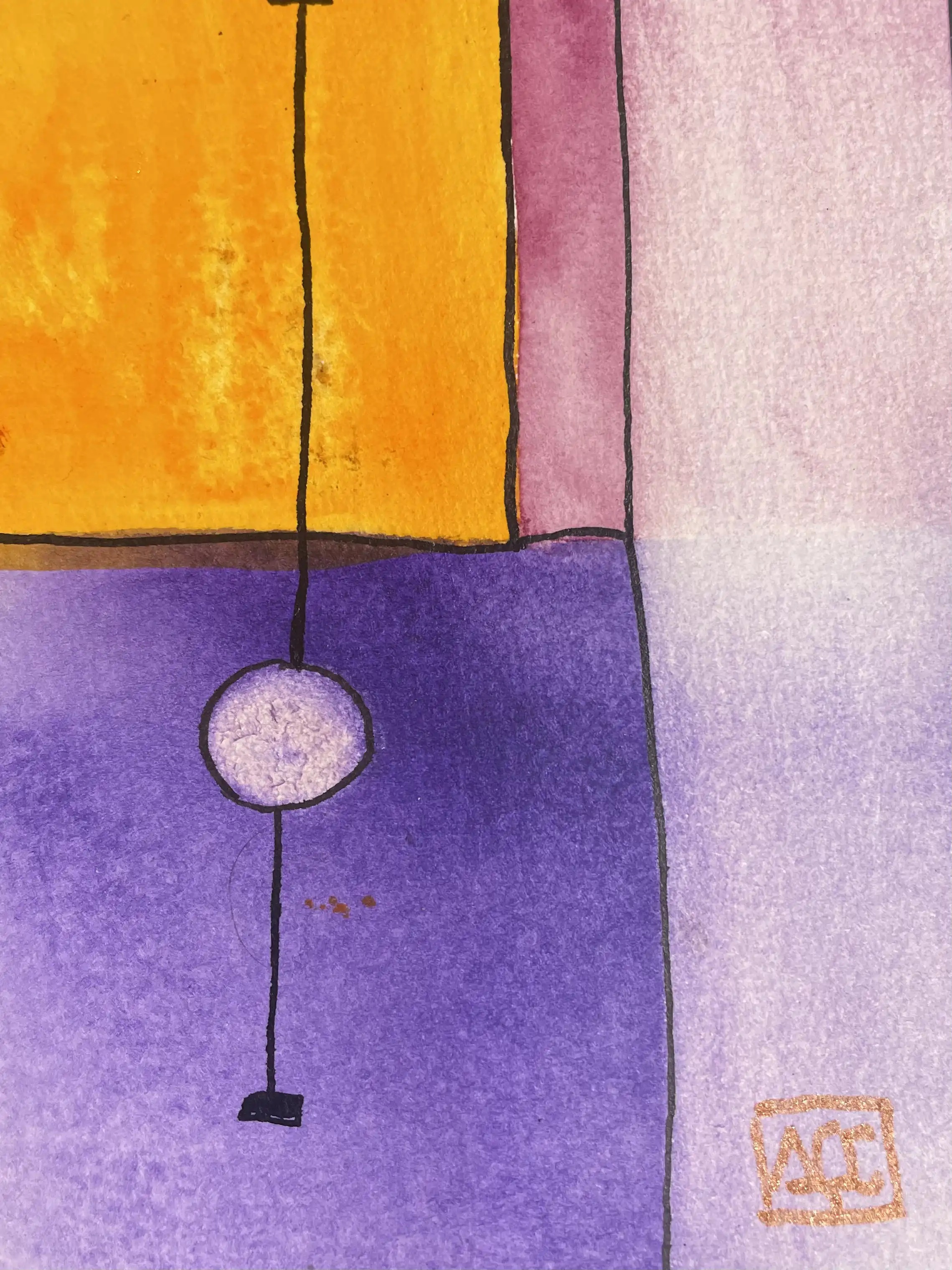 Si bémol Majeur - Variation 6 par Arnaud Quercy chez Art Quam Anima — aquarelle sur papier, Aquarelle avec sections géométriques orange, violet et rouge divisées par des lignes sombres, traduisant l'accord Si bémol majeur