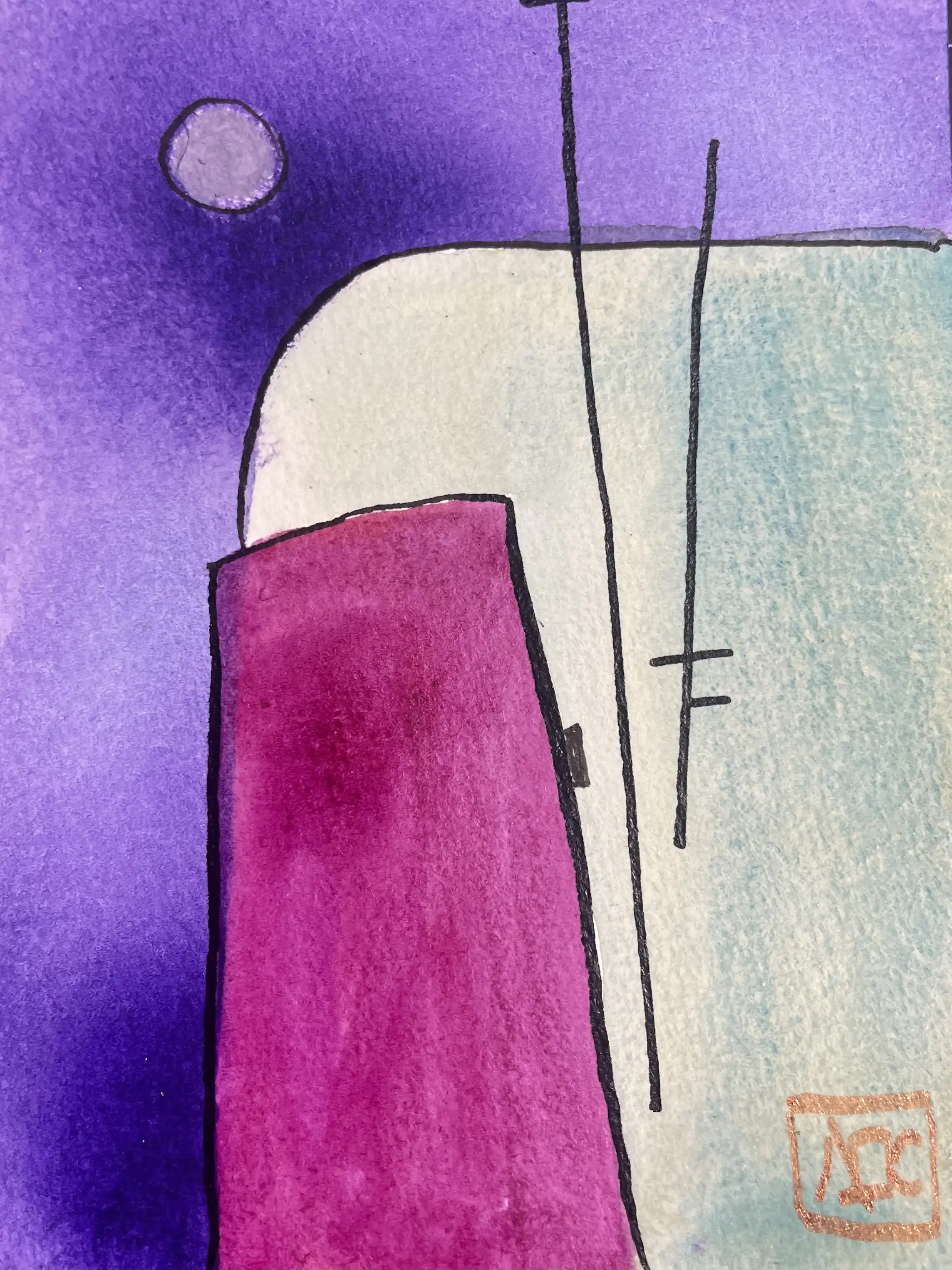 Aquarelle avec des zones violettes, rouge-violet et jaune-orange s'écoulant à travers le papier dans des relations de couleurs harmoniques