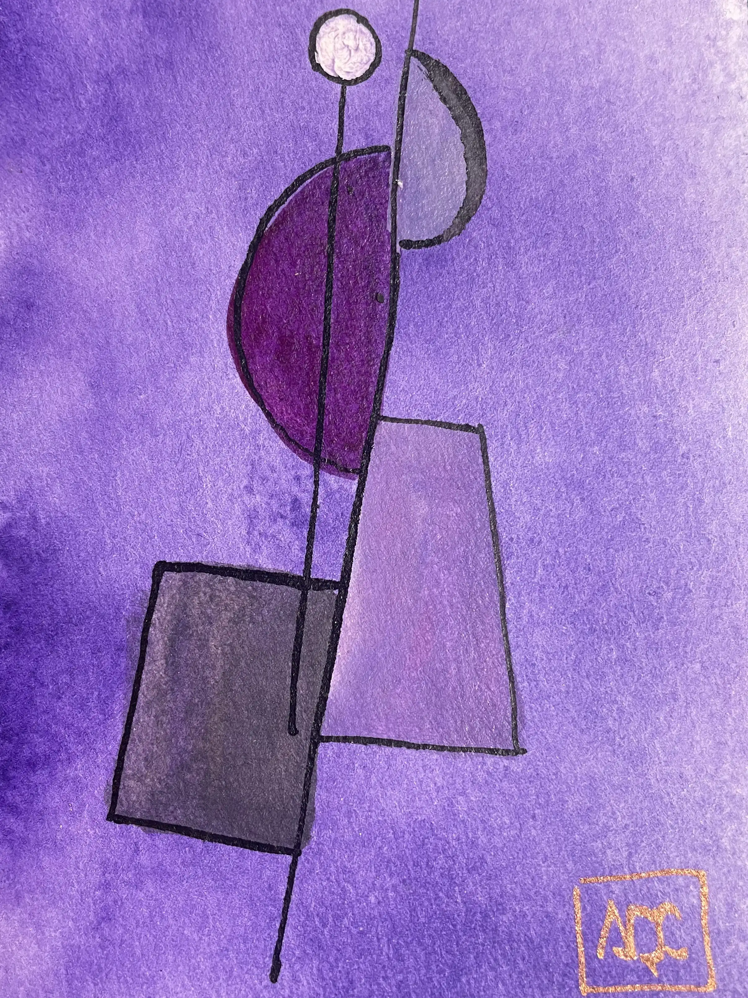 Peinture à l'aquarelle : formes géométriques violettes incluant des cercles et des rectangles disposés verticalement avec des accents beiges