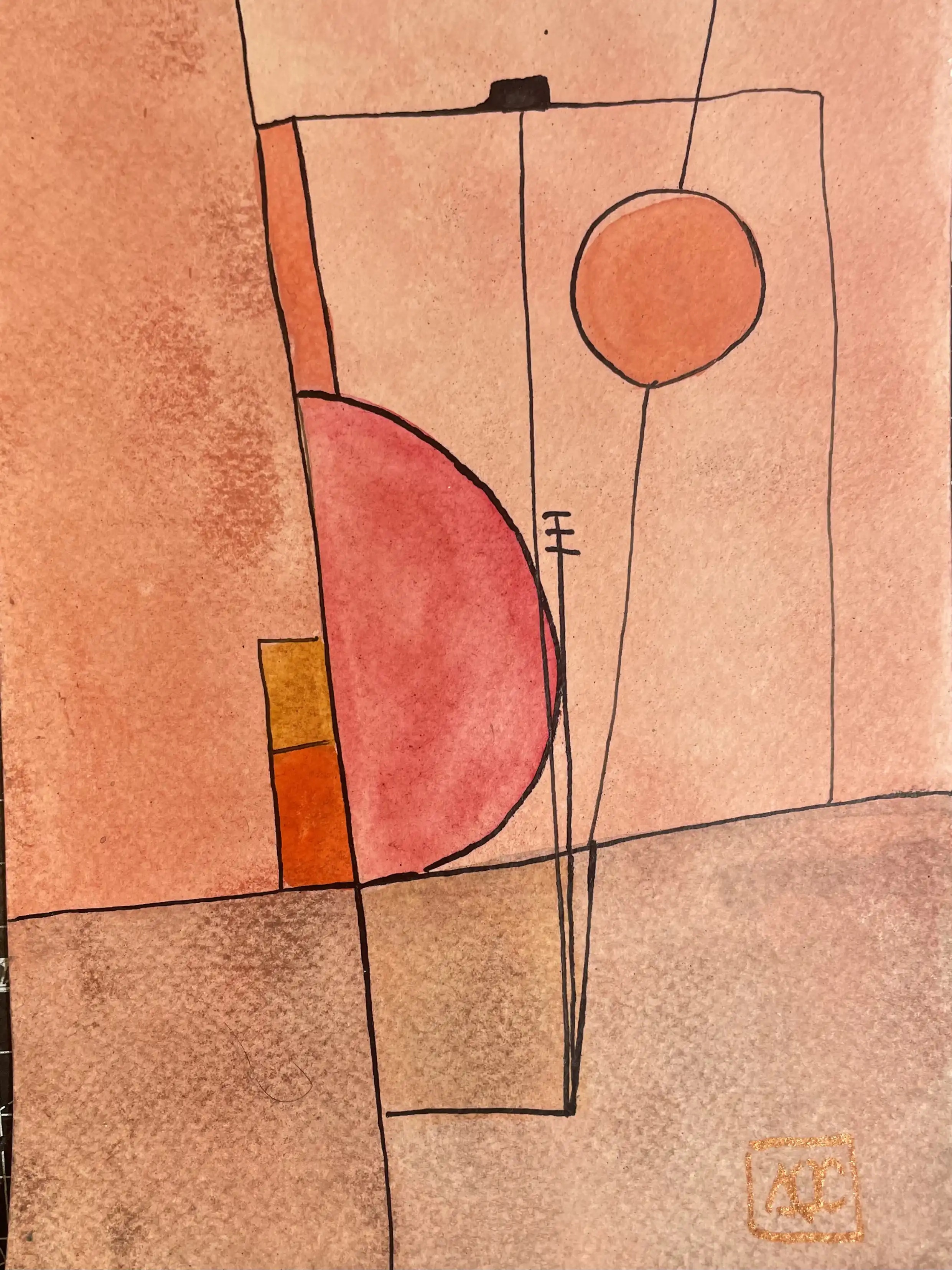 C Major - Variation 10 by Arnaud Quercy at Art Quam Anima — Watercolor Painting on Paper, Watercolor composition: geometric forms in orange tones with steel gray accent, translating C Major chord structure