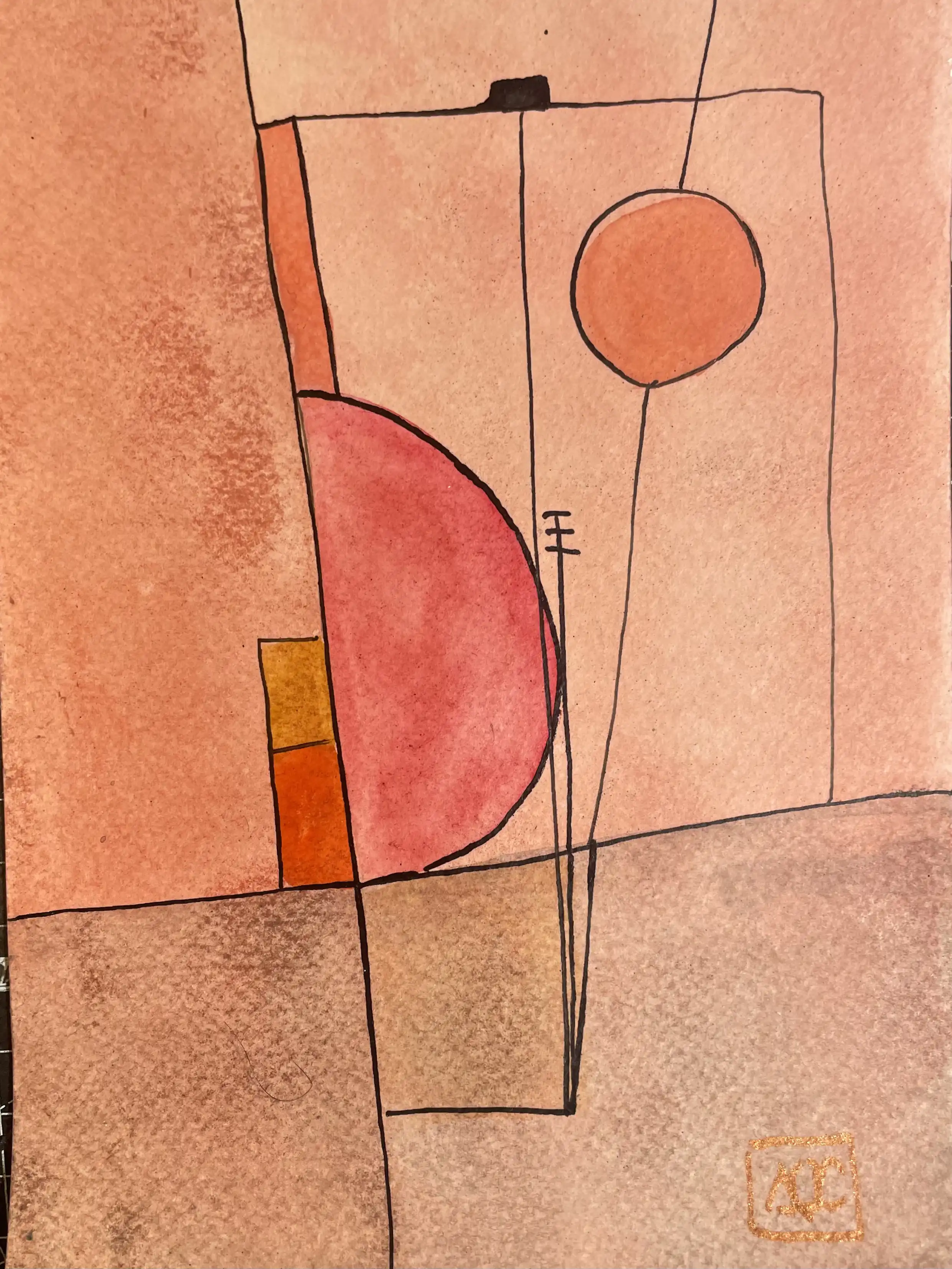 Watercolor composition: geometric forms in orange tones with steel gray accent, translating C Major chord structure