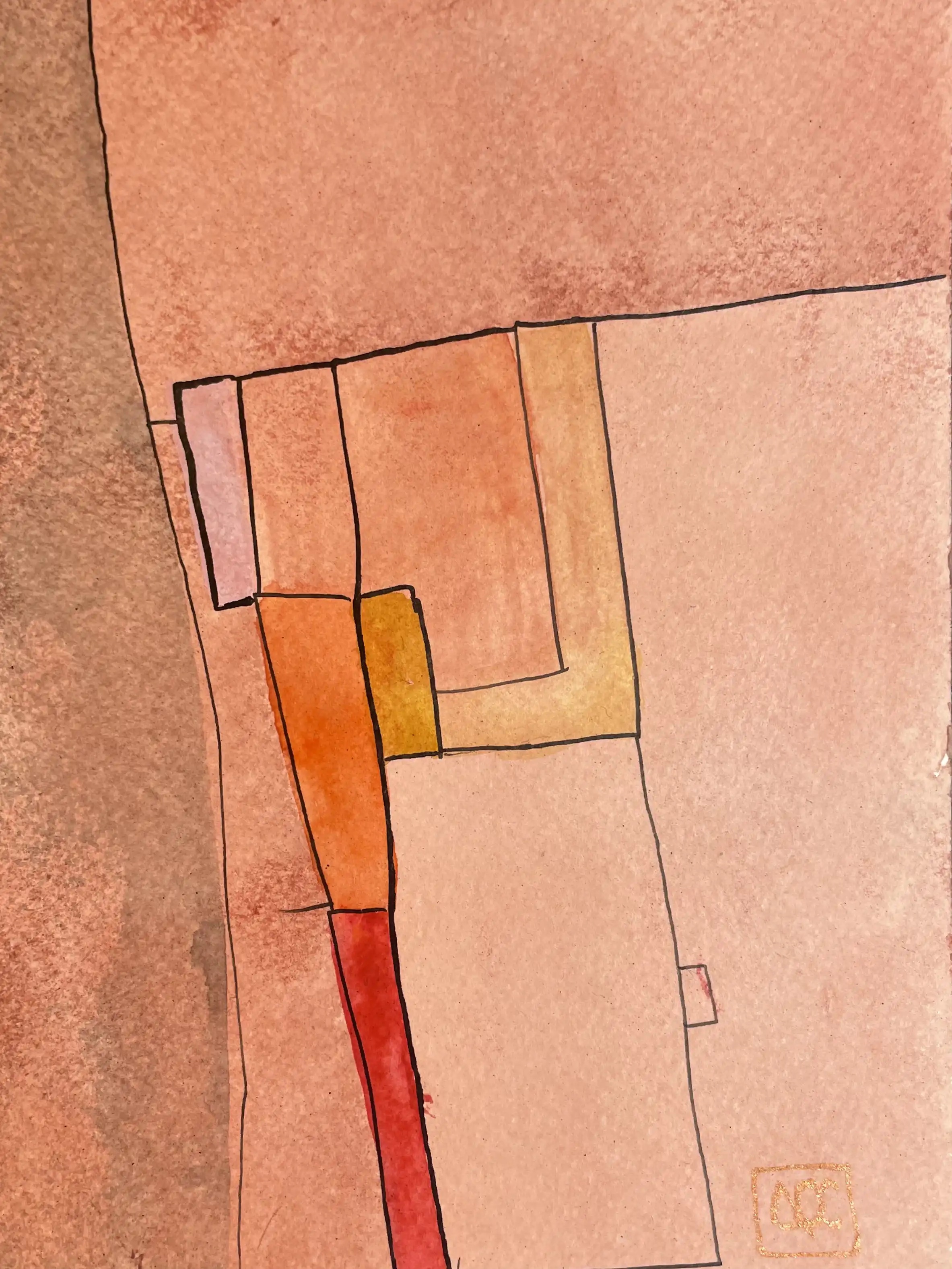 C Major - Variation 11 by Arnaud Quercy at Art Quam Anima — Watercolor Painting on Paper, Watercolor painting with geometric orange forms outlined in black, showing warm color gradations in rectangular shapes