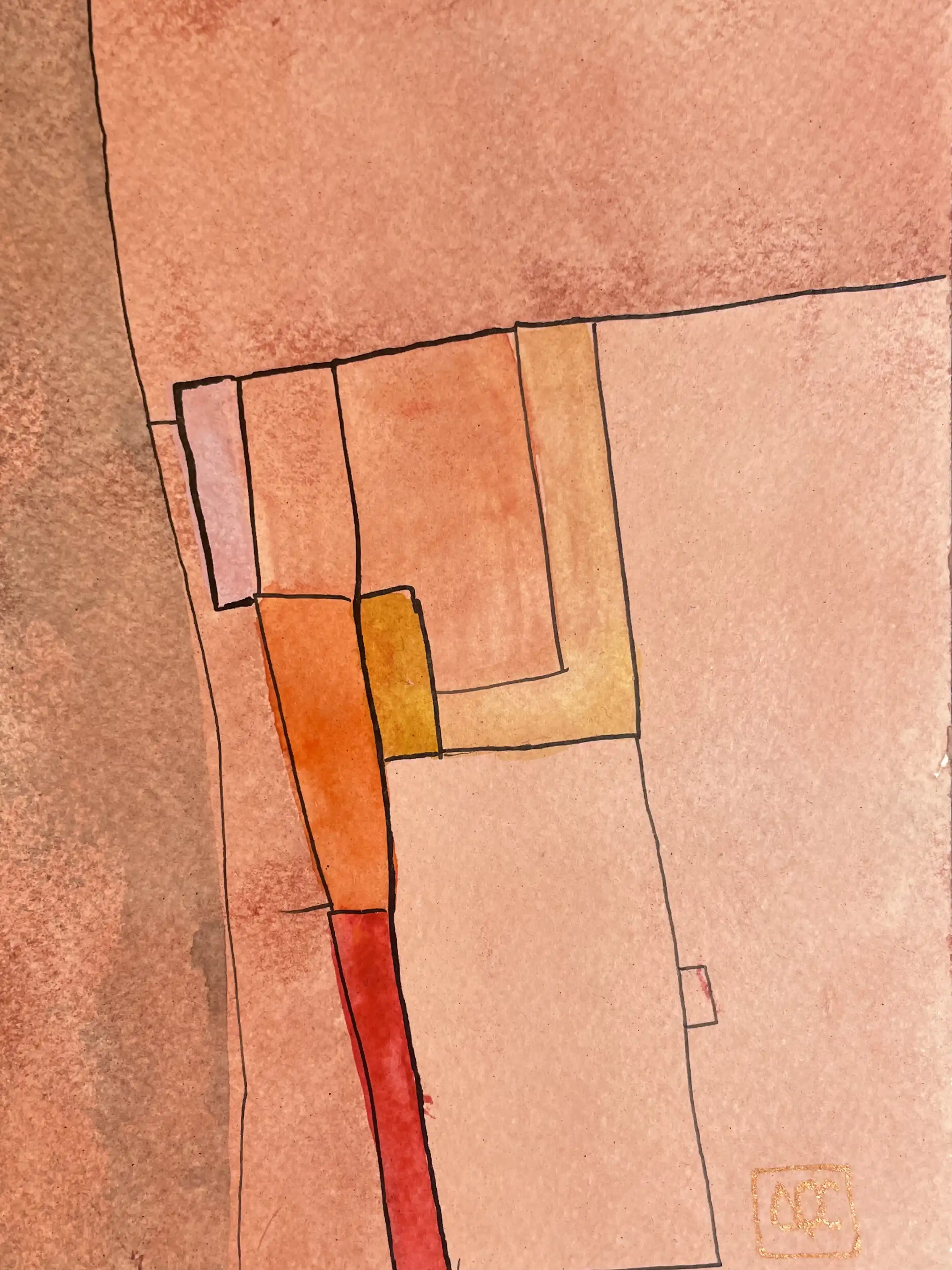 Watercolor painting with geometric orange forms outlined in black, showing warm color gradations in rectangular shapes