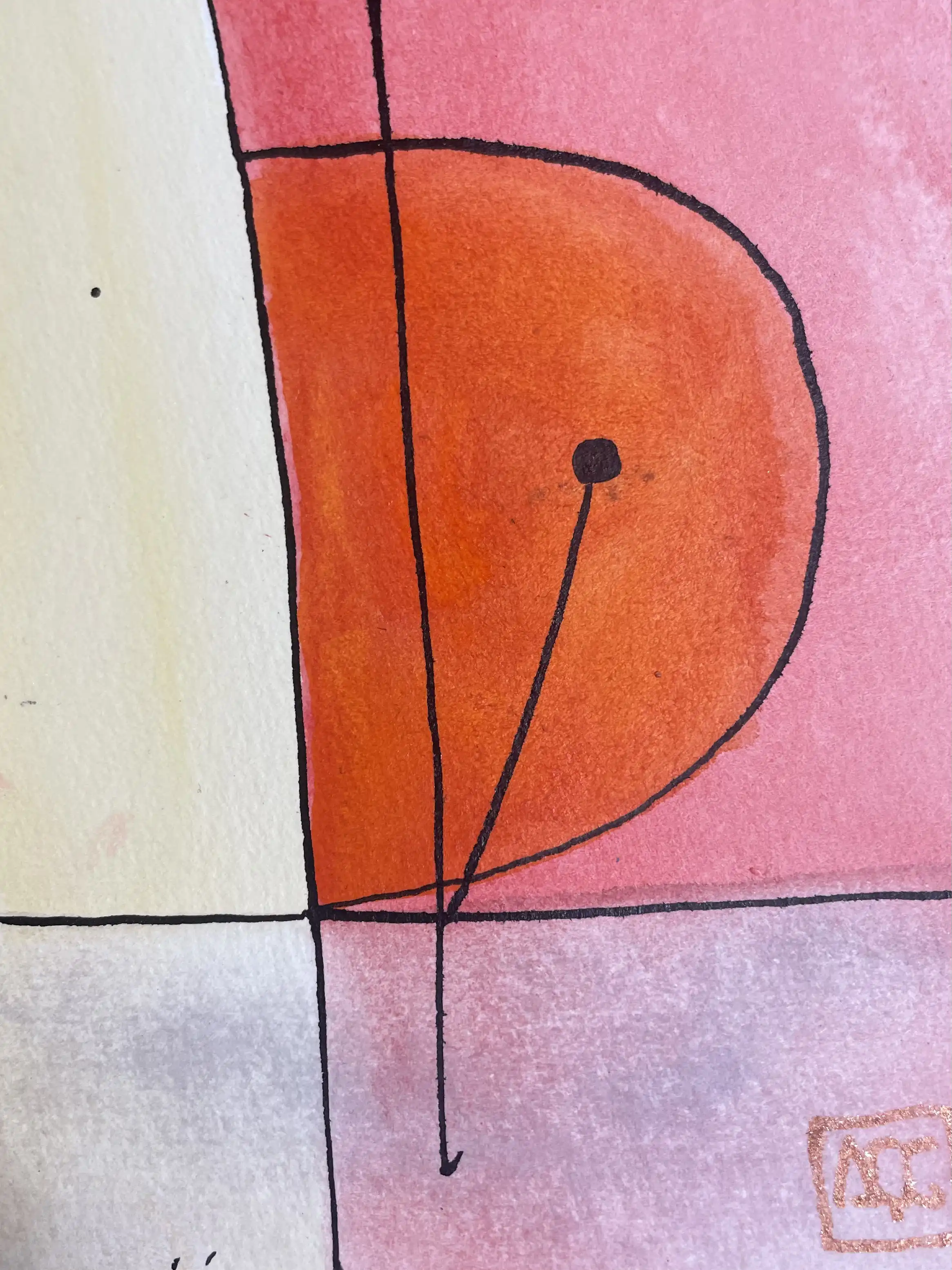 Watercolor painting: geometric forms in yellow, red-orange, and red with black linear divisions and violet accent