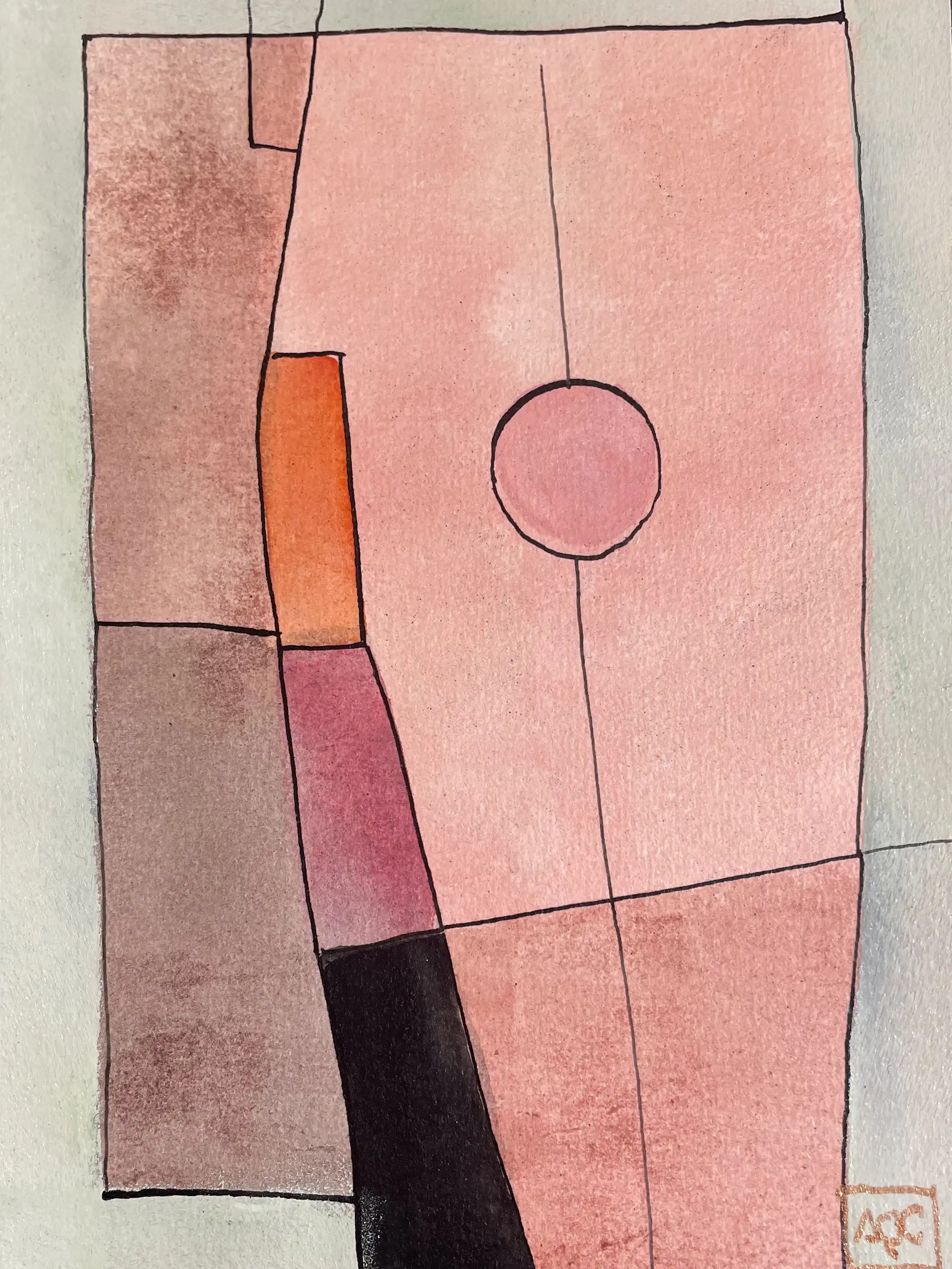 C Major - Variation 9 by Arnaud Quercy at Art Quam Anima — Watercolor Painting on Paper, Geometric watercolor with red-orange zones and yellow accent, divided by black lines into harmonic sections