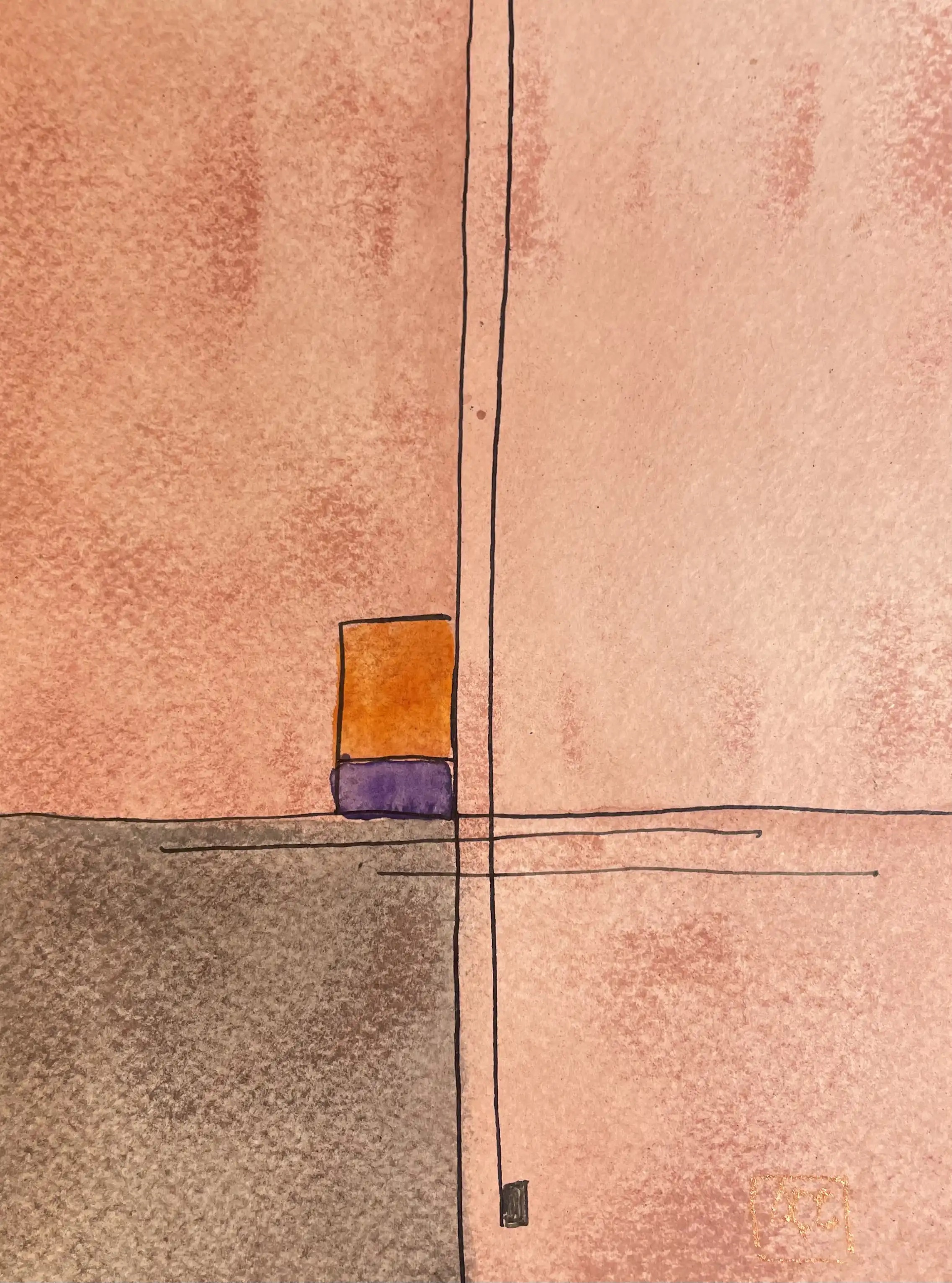 C Minor - Variation 10 by Arnaud Quercy at Art Quam Anima — Watercolor Painting on Paper, Watercolor painting with orange tones and red-violet geometric accent in vertical composition