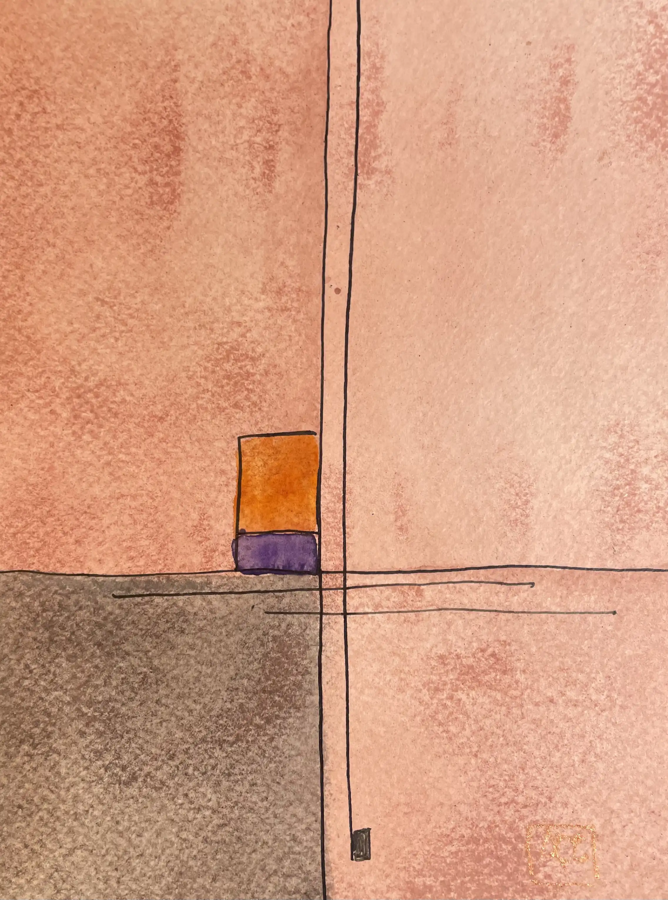 Watercolor painting with orange tones and red-violet geometric accent in vertical composition
