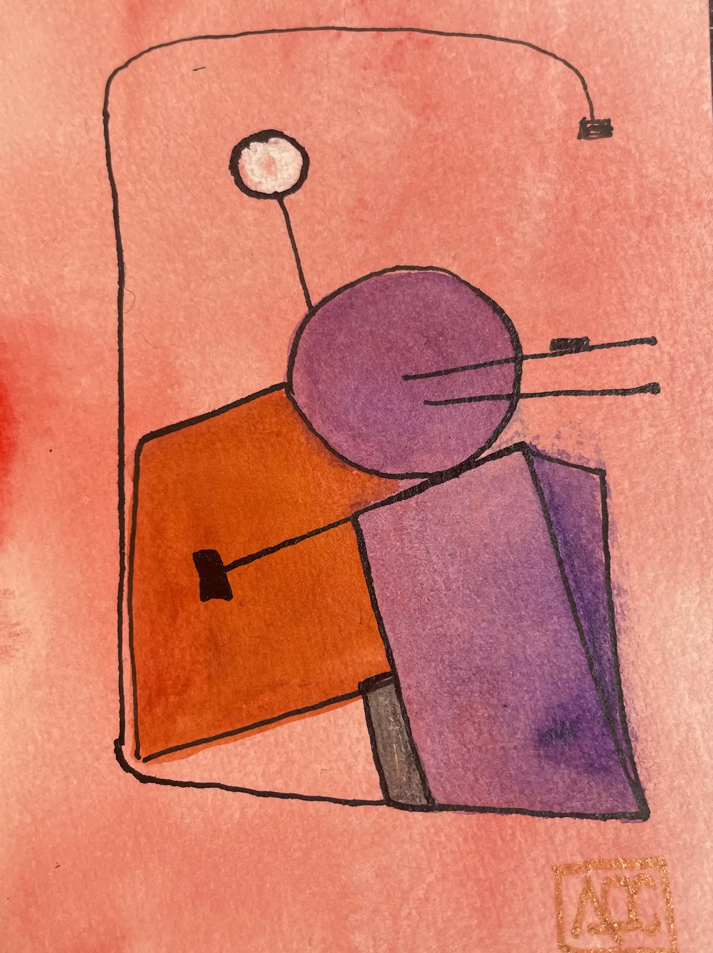 Aquarelle avec formes géométriques rouge-orange, cercle violet, et formes orange arrangées sur papier aux tons saumon