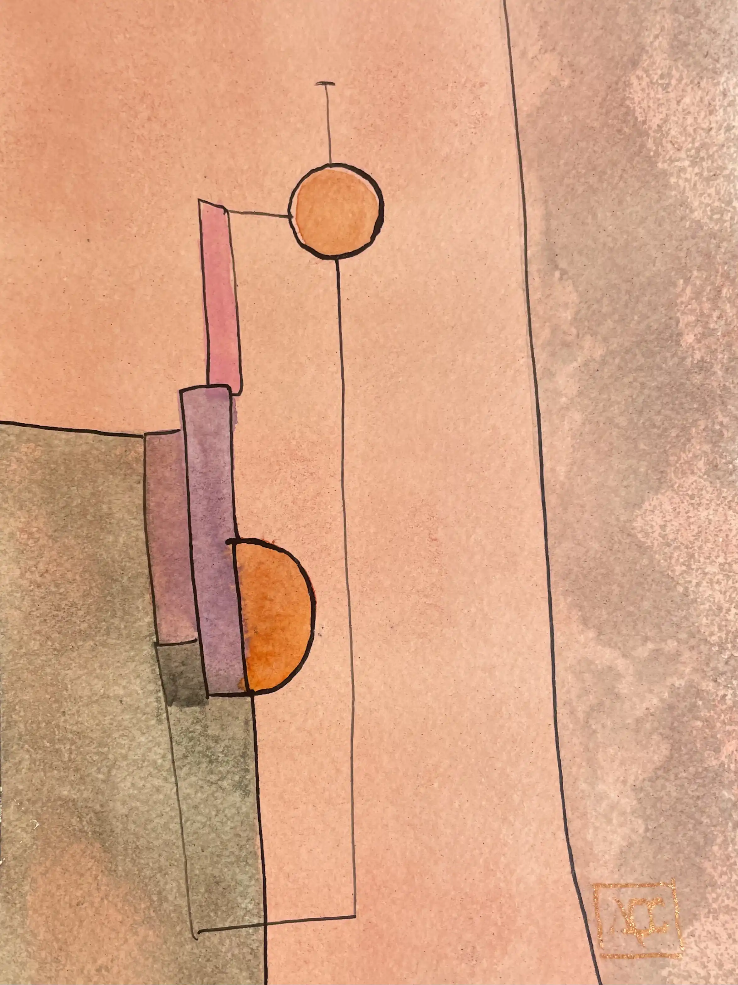Watercolor geometric composition: orange shapes with black lines, circle and rectangular forms in warm earth tones