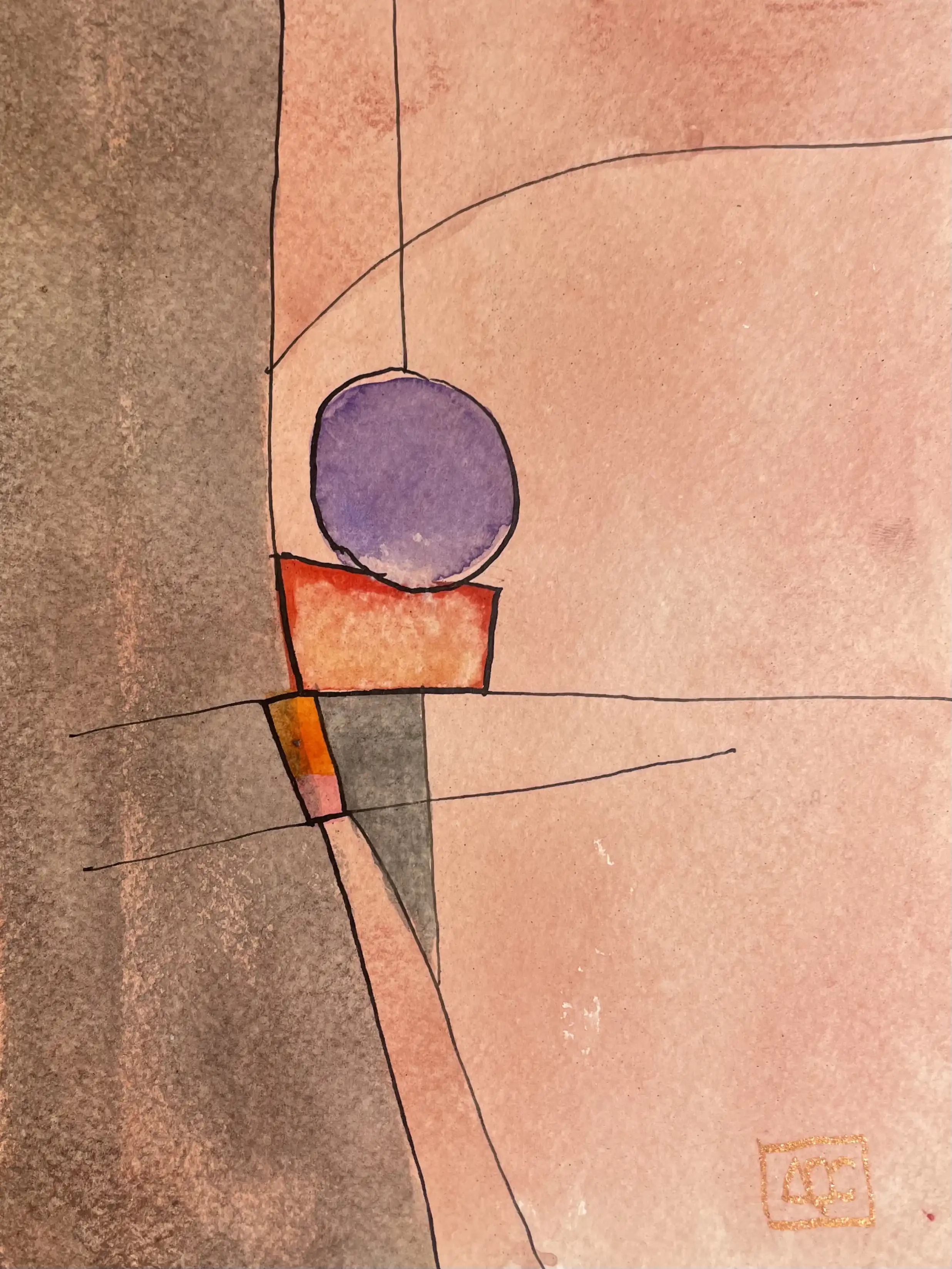 C Minor - Variation 9 by Arnaud Quercy at Art Quam Anima — Watercolor Painting on Paper, Geometric watercolor with orange tones, red-violet circle, and linear divisions creating musical color relationships