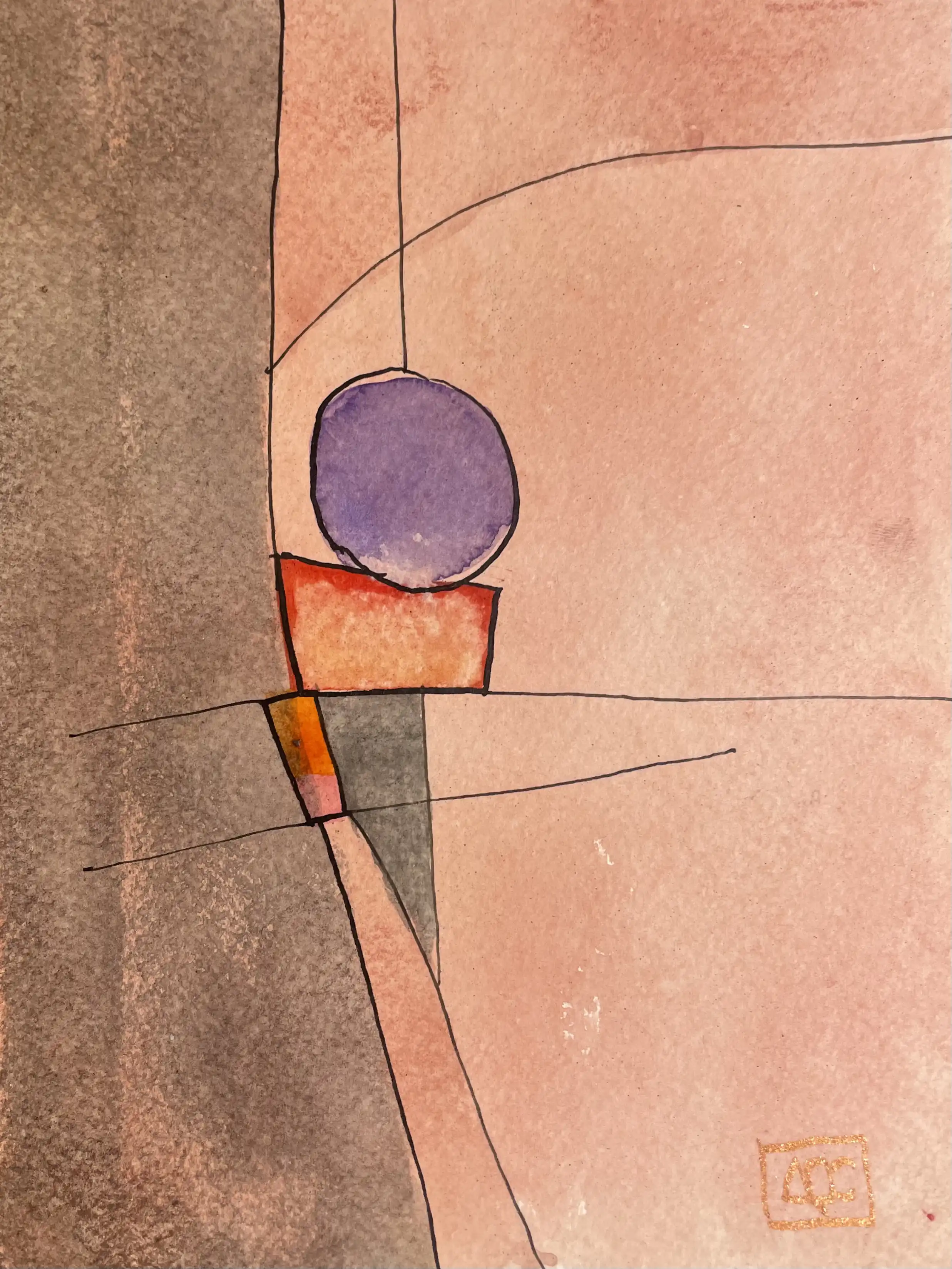 Geometric watercolor with orange tones, red-violet circle, and linear divisions creating musical color relationships