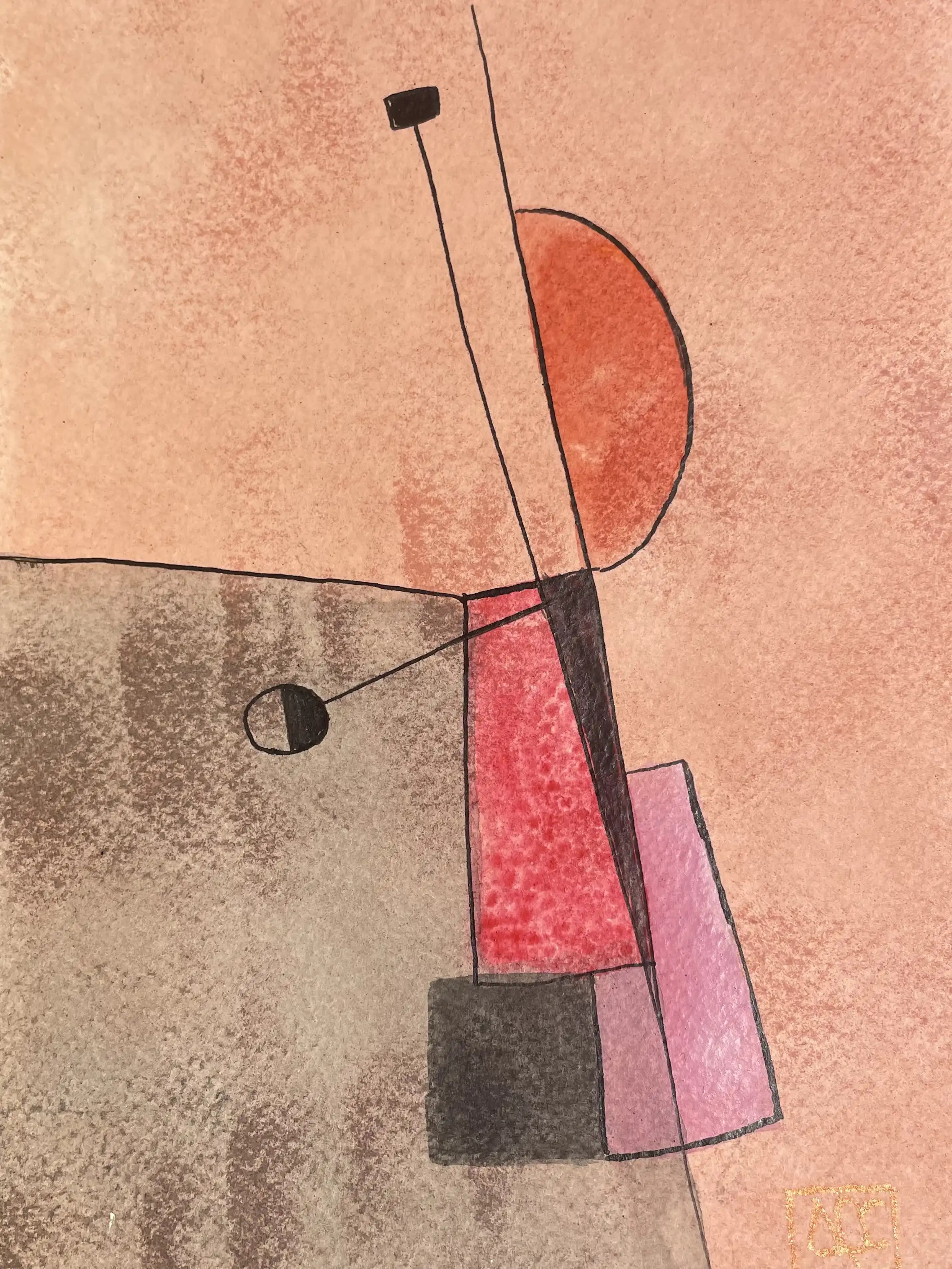 Do Octaves - Réflexions 35 par Arnaud Quercy chez Art Quam Anima — aquarelle sur papier, Peinture aquarelle : formes orange géométriques avec accent rose, traduisant les octaves de Do en relations de couleurs