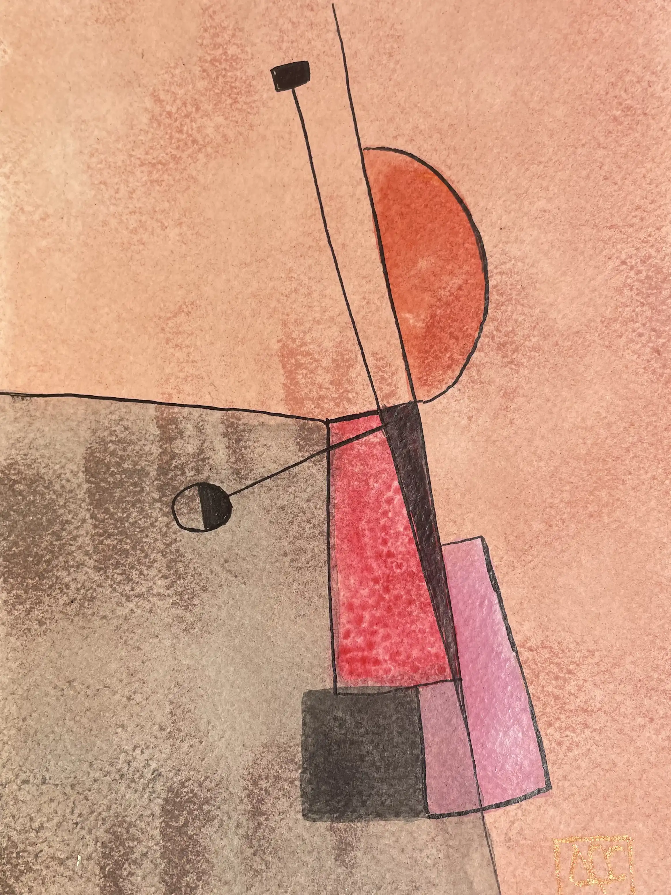 Peinture aquarelle : formes orange géométriques avec accent rose, traduisant les octaves de Do en relations de couleurs