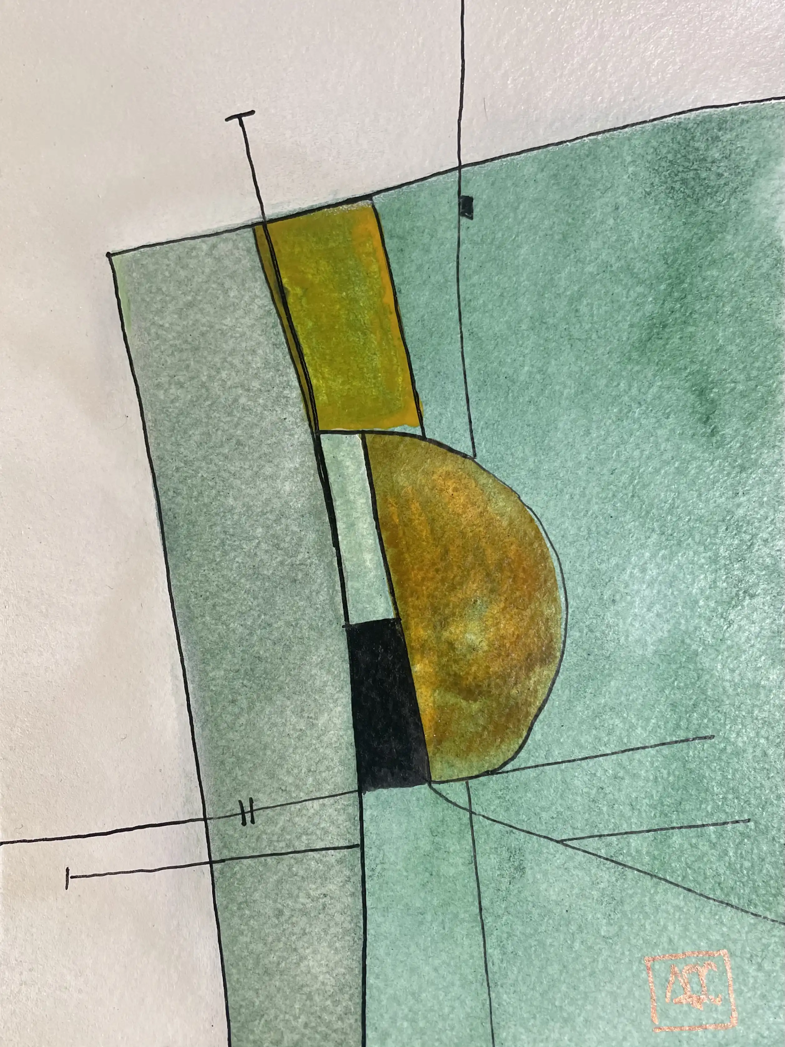 Geometric watercolor with yellow-green forms, yellow-orange areas, and bright orange accents in angular composition