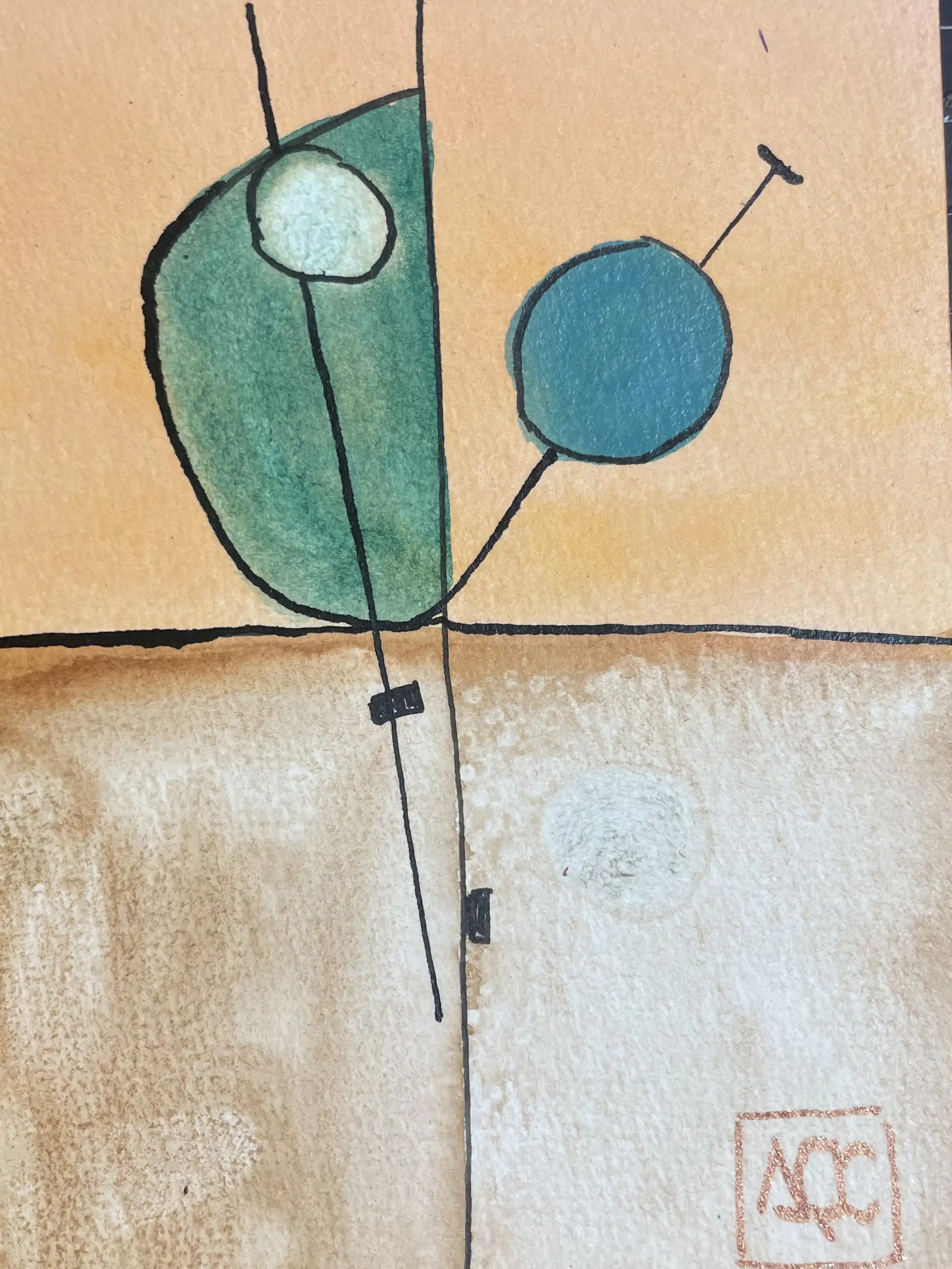 D Major - Variation 13 by Arnaud Quercy at Art Quam Anima — Watercolor Painting on Paper, Watercolor showing yellow-orange forms with green and blue accents, translating D Major chord through color mapping