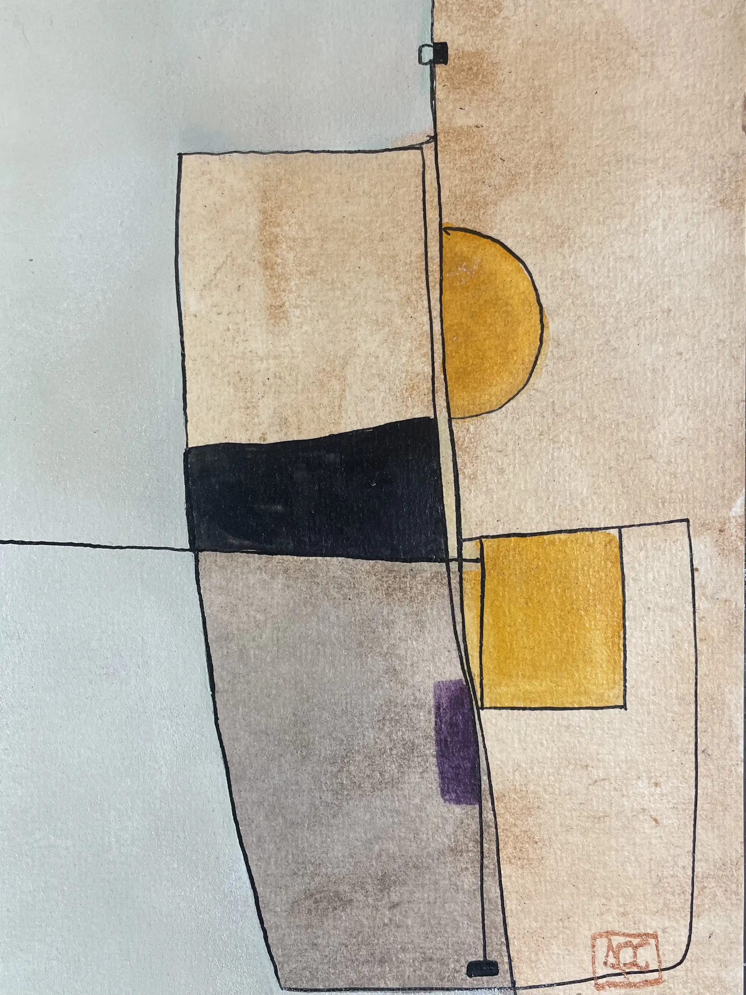 Watercolor painting with yellow-orange geometric forms, gray shapes, and white accents arranged in harmonic composition