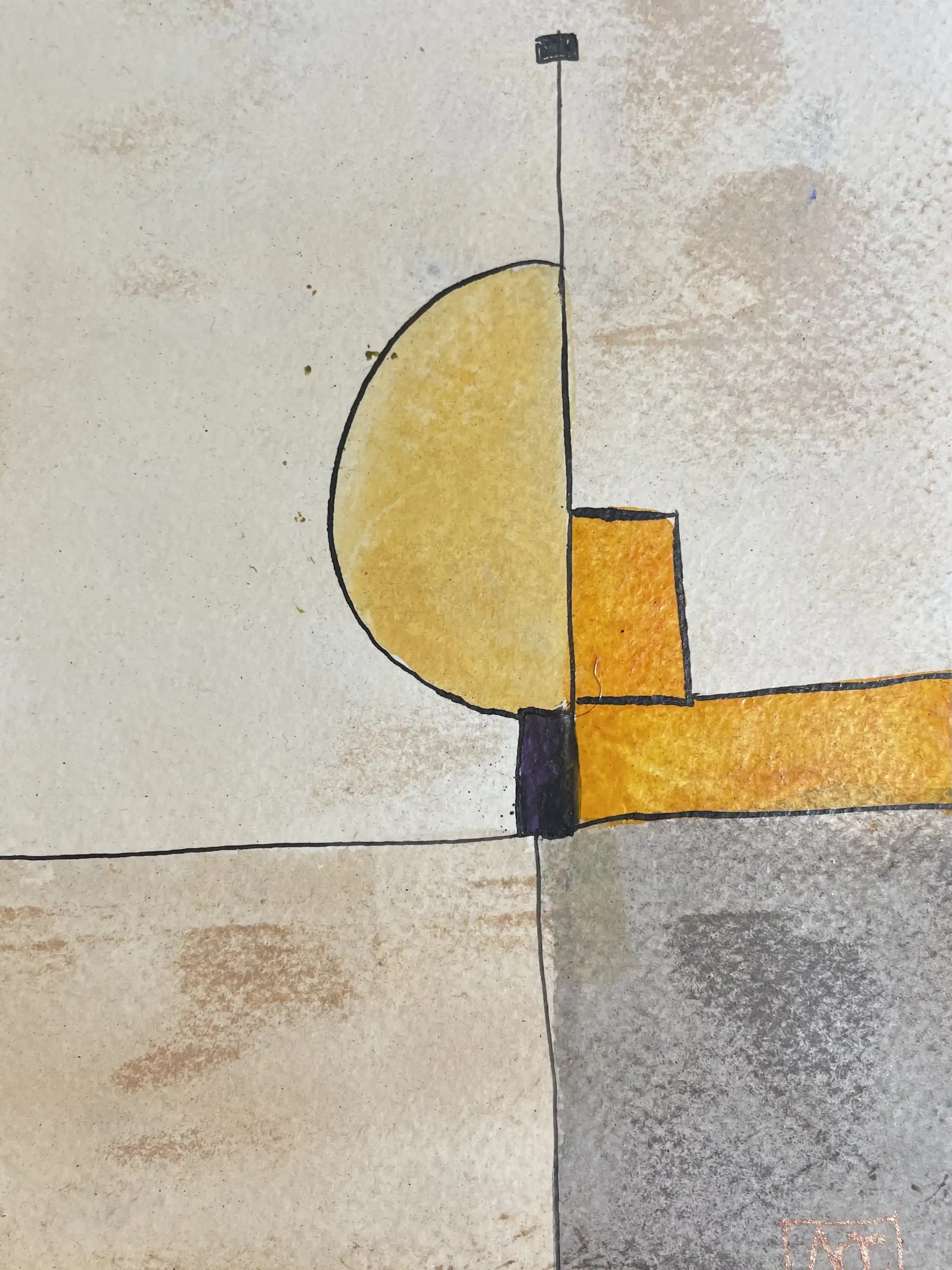 D Minor - Variation 7 by Arnaud Quercy at Art Quam Anima — Watercolor Painting on Paper, Watercolor with yellow-orange geometric forms, orange and violet accents arranged in harmonic composition