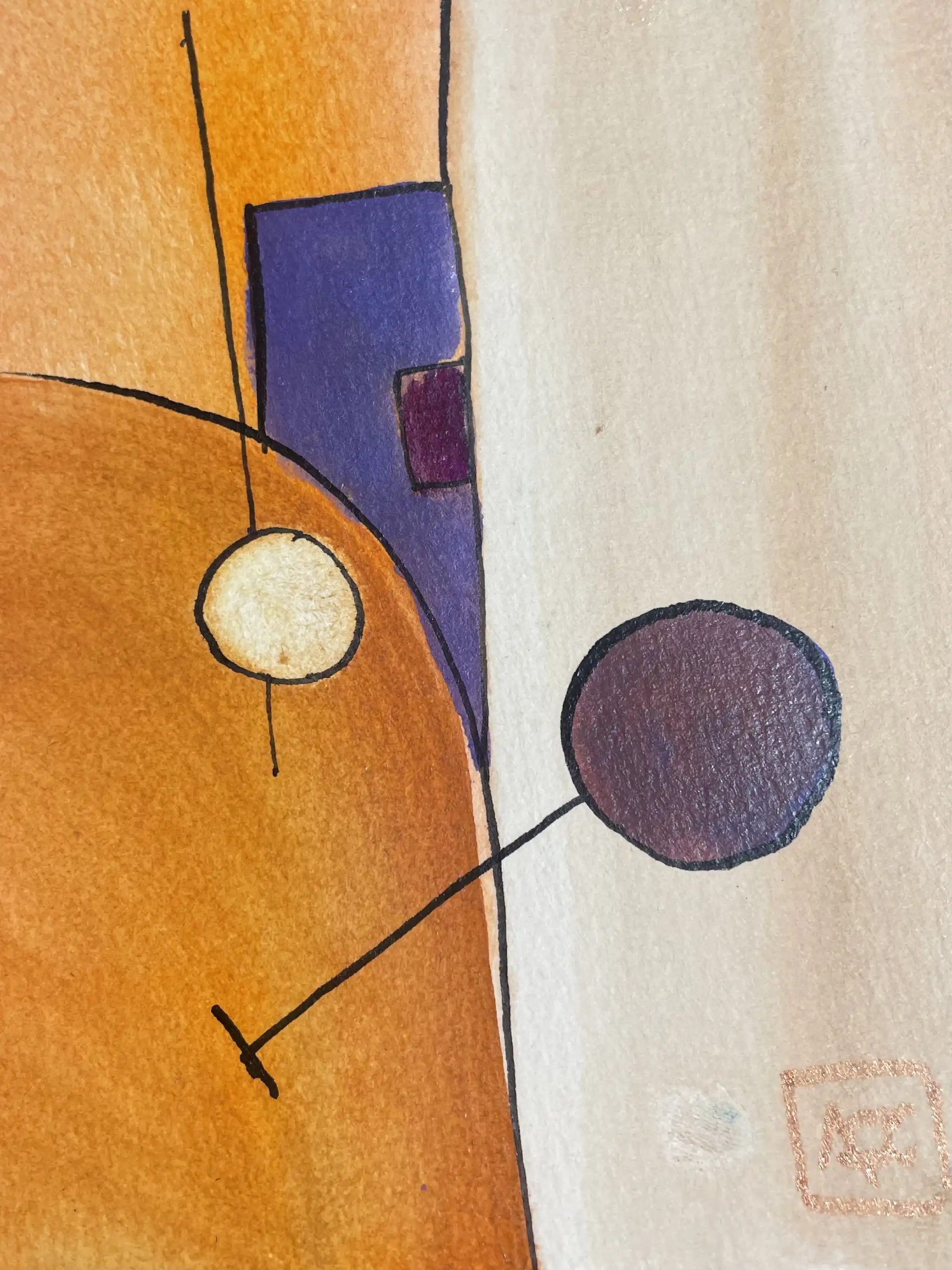 Aquarelle avec formes géométriques orange, accents violets, et éléments circulaires arrangés sur fond crème