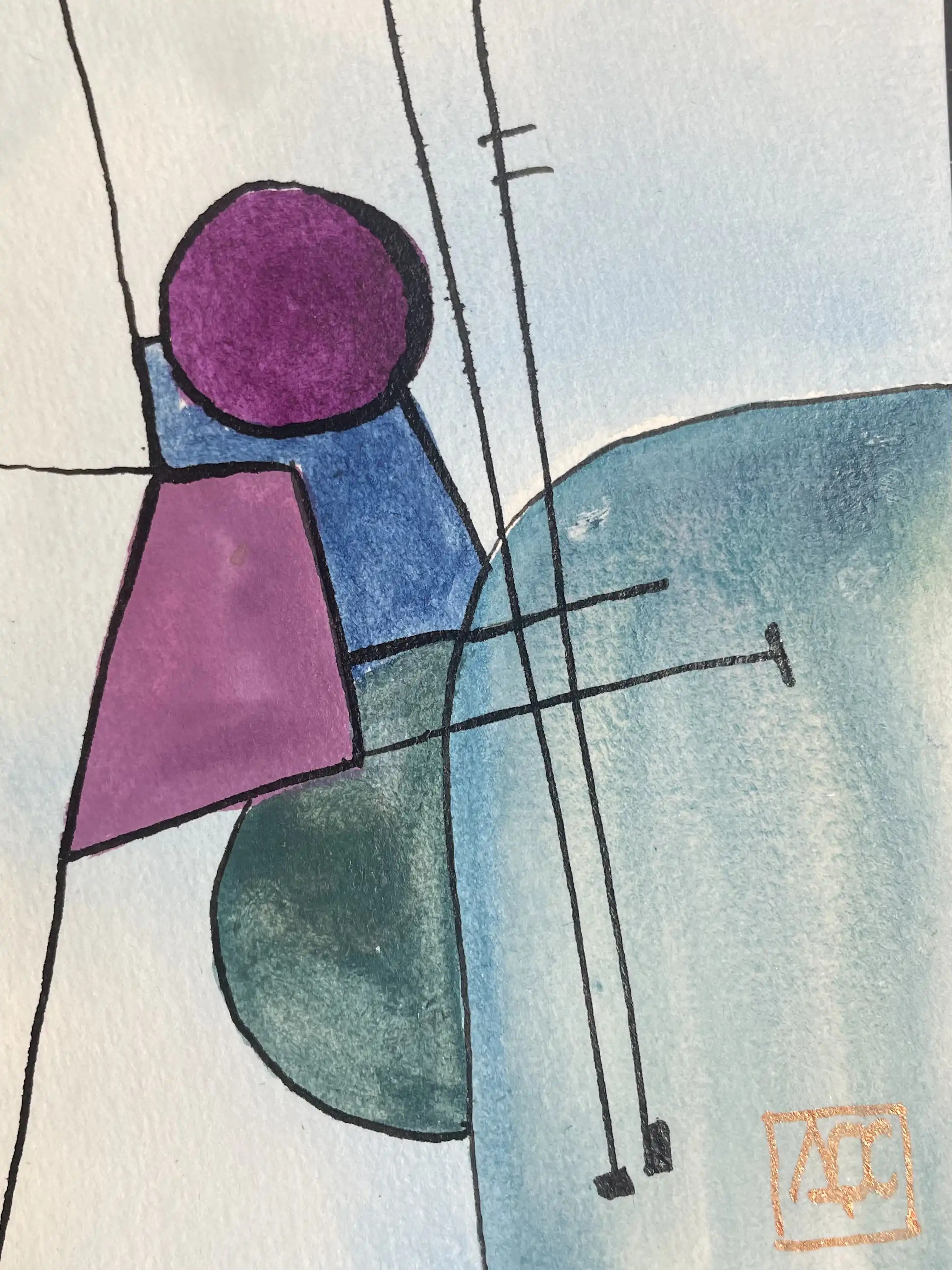 Ré bémol Majeur - Variation 12 par Arnaud Quercy chez Art Quam Anima — aquarelle sur papier, Aquarelle avec formes géométriques : cercles jaunes, triangles bleus, formes rouge-violet entrecroisées par des lignes noires