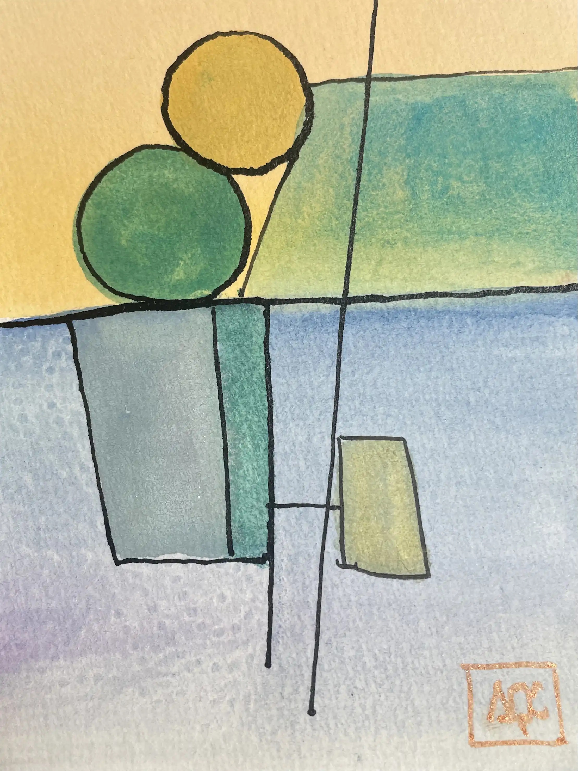 Db Minor - Variation 8 by Arnaud Quercy at Art Quam Anima — Watercolor Painting on Paper, Watercolor with silver, khaki, and blue-gray geometric forms arranged in harmonic color relationships
