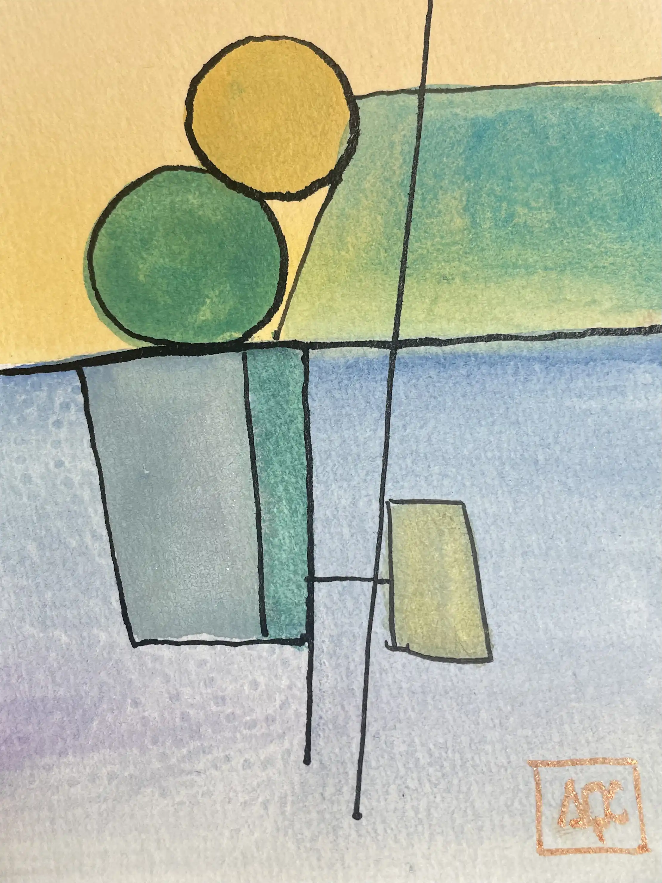 Watercolor with silver, khaki, and blue-gray geometric forms arranged in harmonic color relationships
