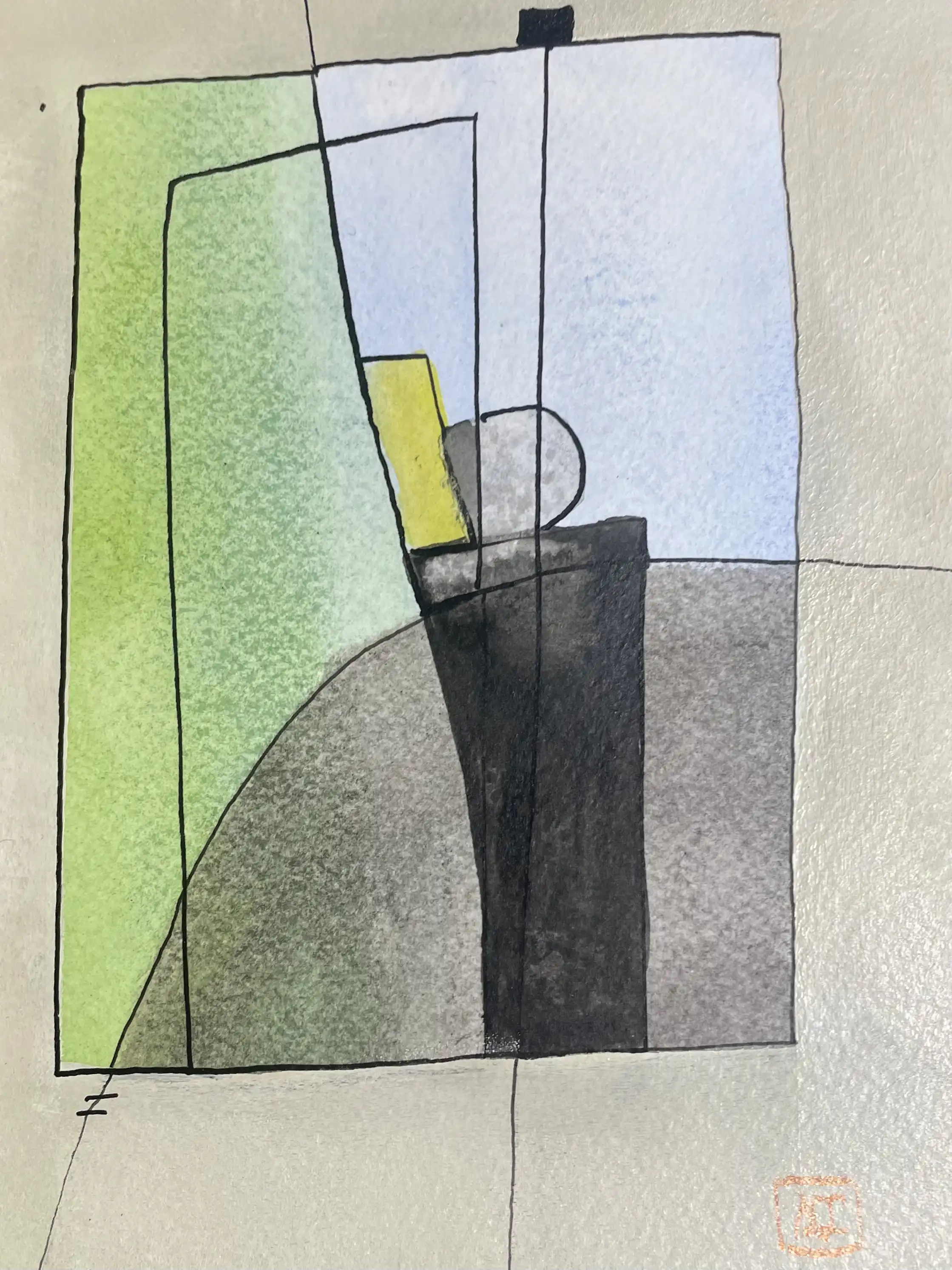 E Major - Variation 6 by Arnaud Quercy at Art Quam Anima — Watercolor Painting on Paper, Watercolor painting translating E Major chord into yellow, blue-violet, and yellow-green geometric forms on paper