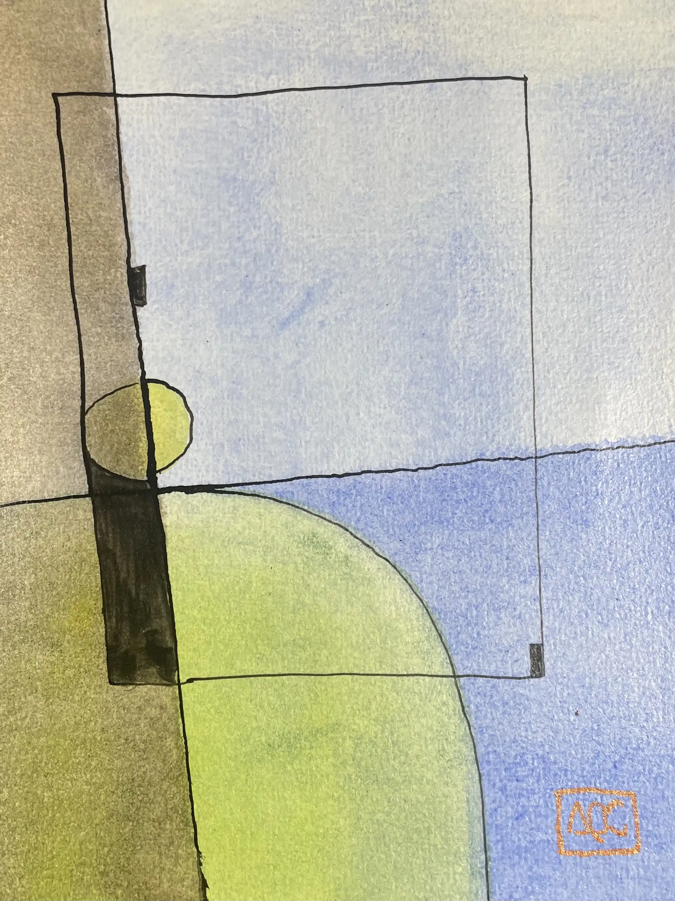 Aquarelle montrant des zones argent, ocre jaune et bleu-violet avec de petits accents colorés en arrangement géométrique