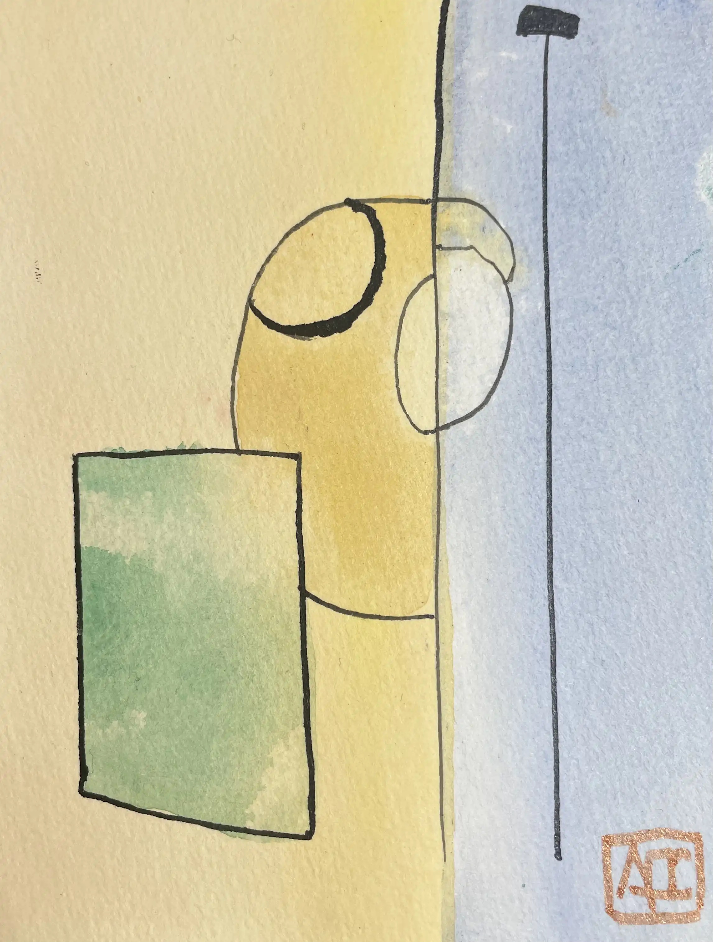E Major - Variation 8 by Arnaud Quercy at Art Quam Anima — Watercolor Painting on Paper, Watercolor study: yellow-orange and blue-violet geometric forms with circular and rectangular elements