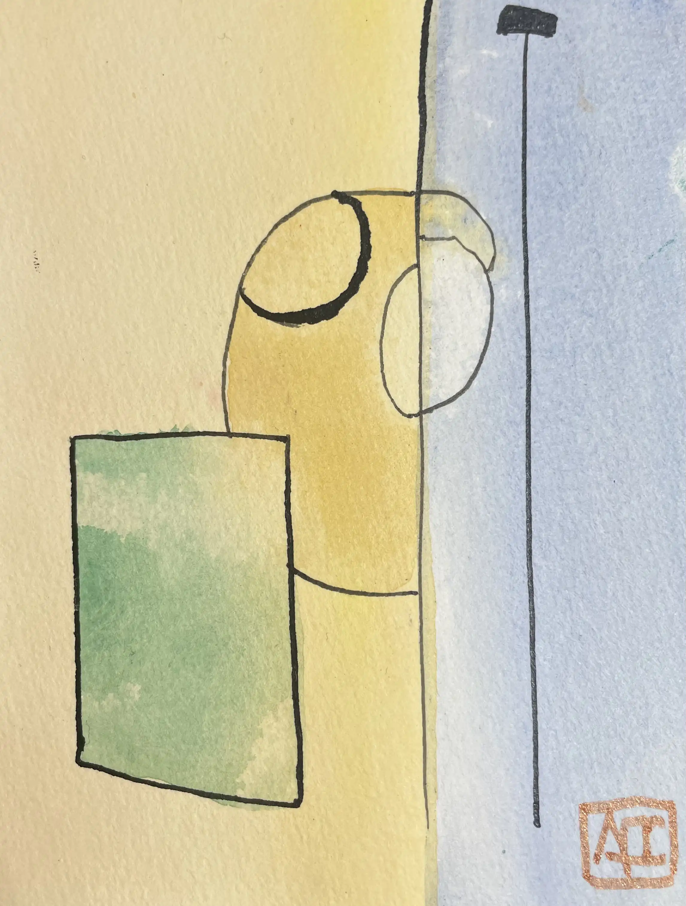 Watercolor study: yellow-orange and blue-violet geometric forms with circular and rectangular elements